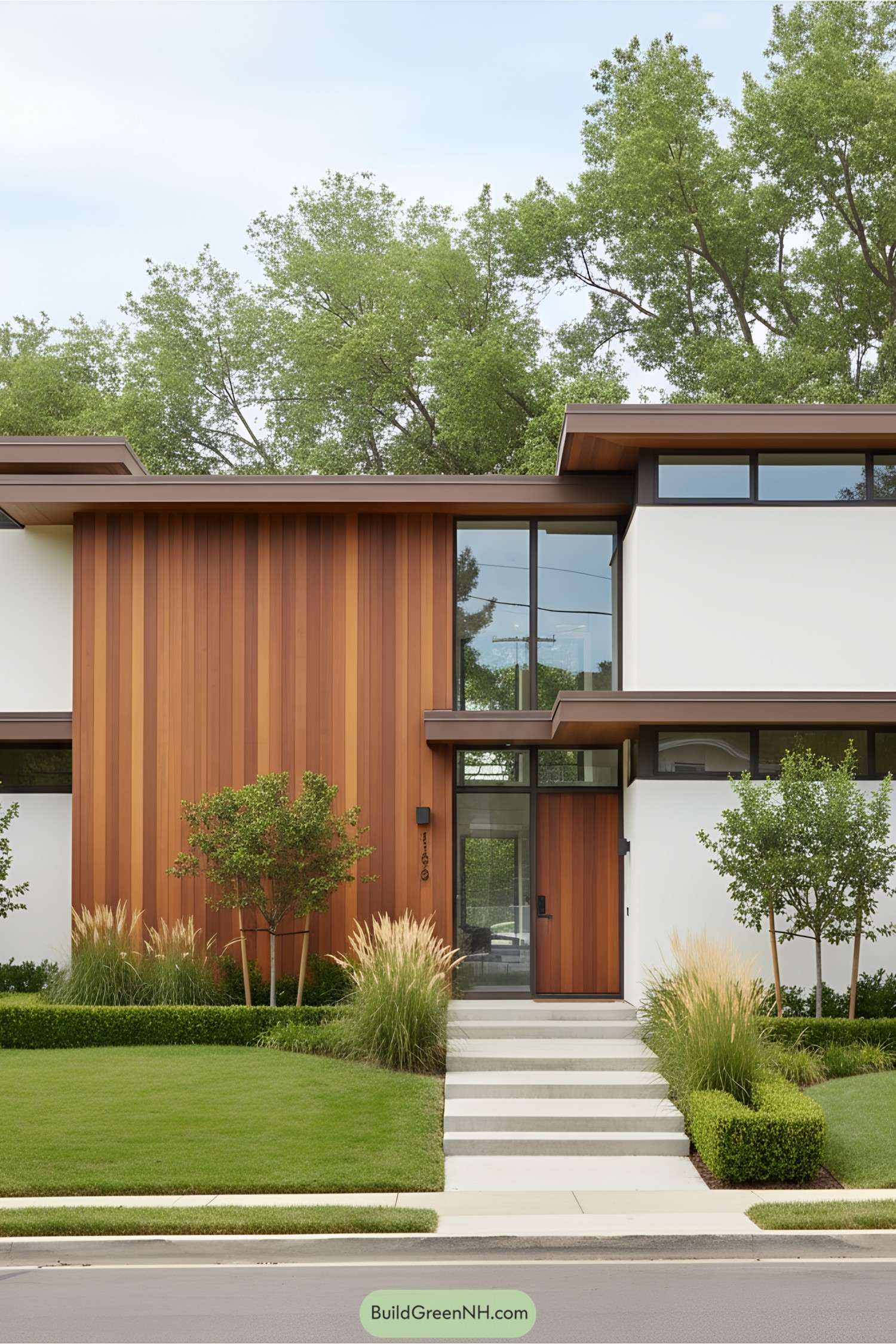 Modern townhouse with wooden and white exterior