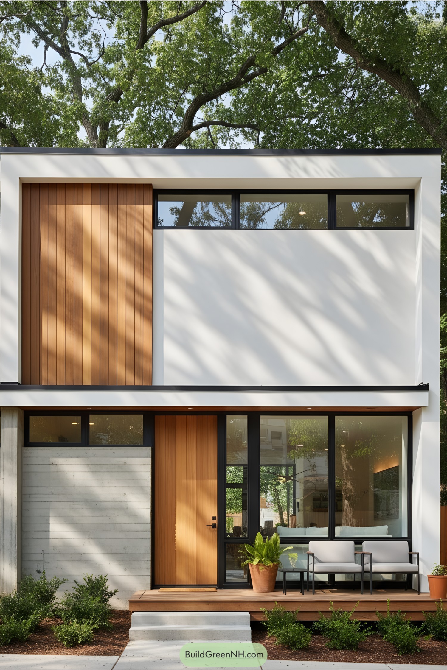 Sleek mid-century modern townhouse with trees in the background
