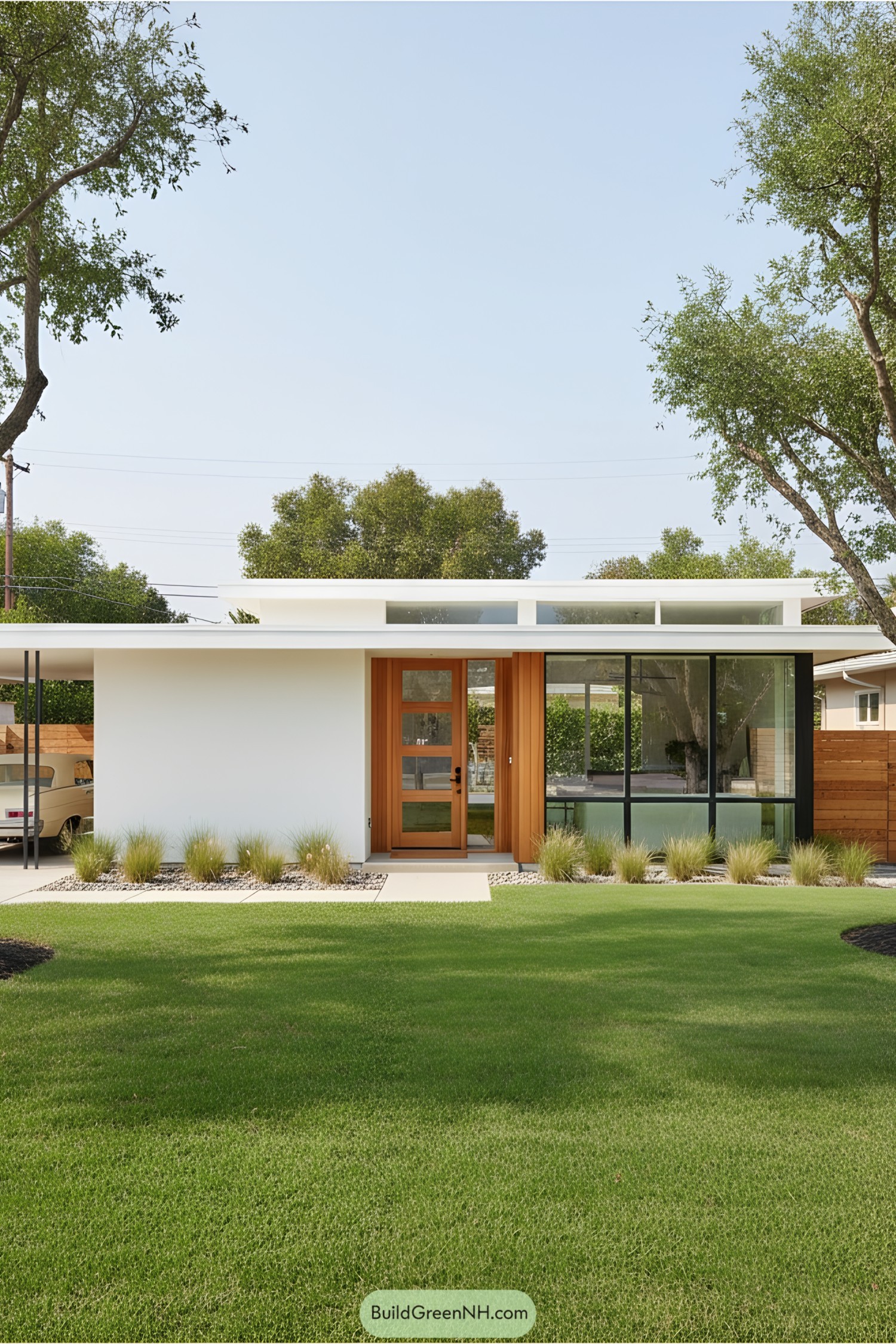 Modern townhouse with tall windows and a green lawn