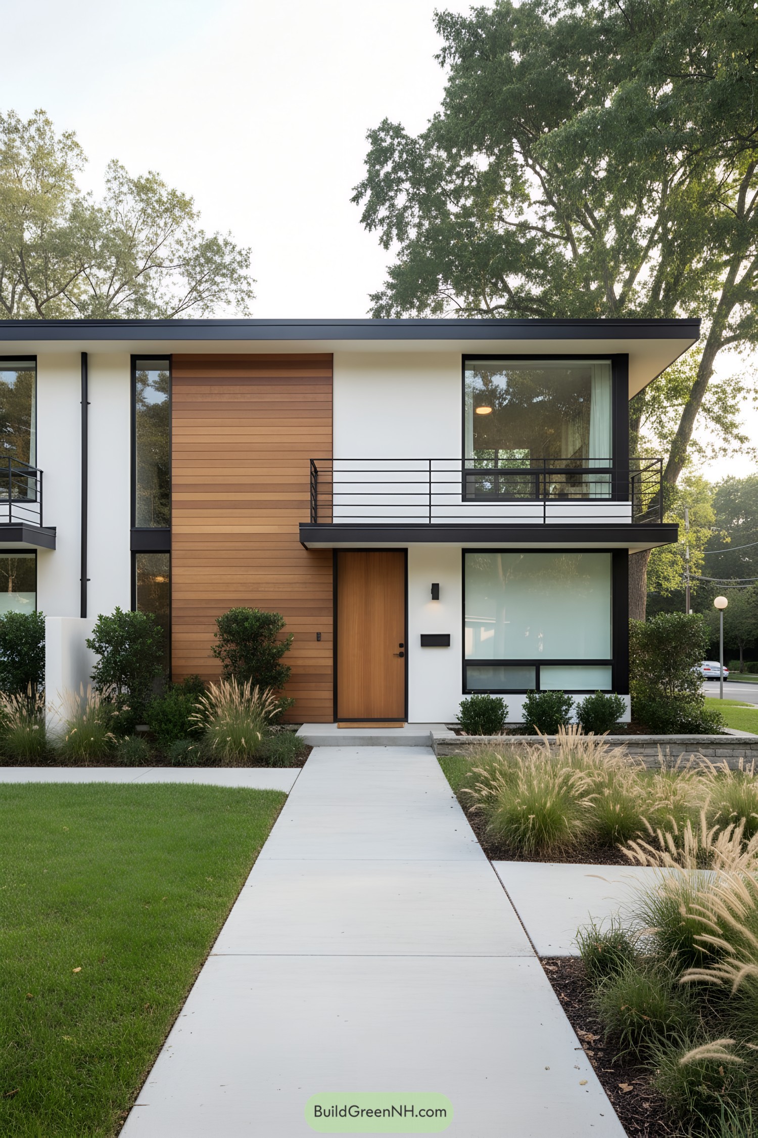 White mid-century modern townhouse with wooden accents