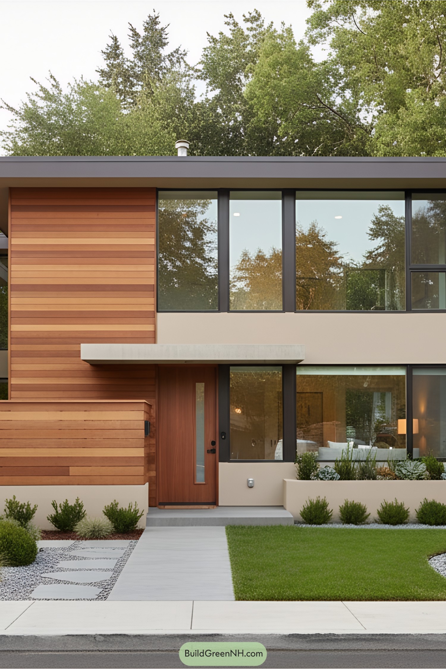 Mid-century modern townhouse with wooden facade and large windows