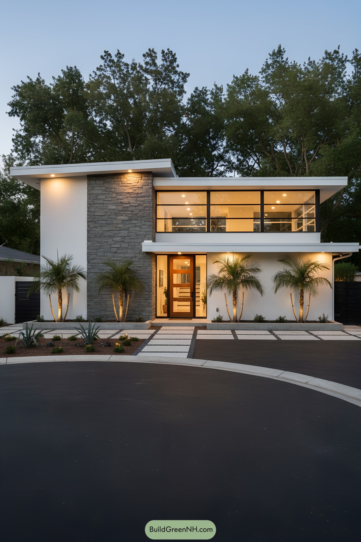Sleek mid-century modern townhouse with palm trees