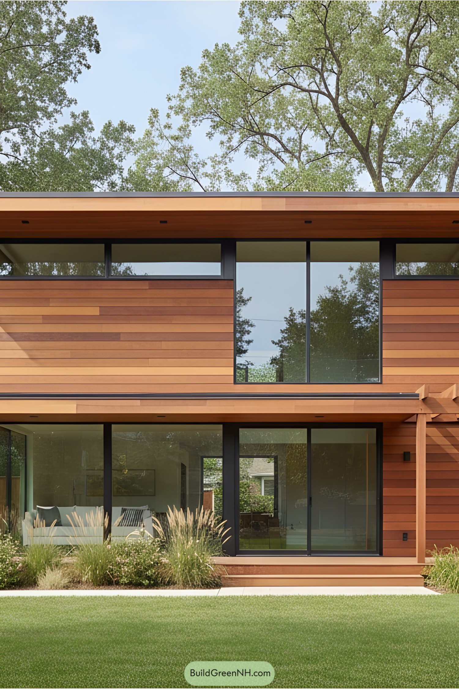 Modern townhouse facade with large windows and cedar cladding