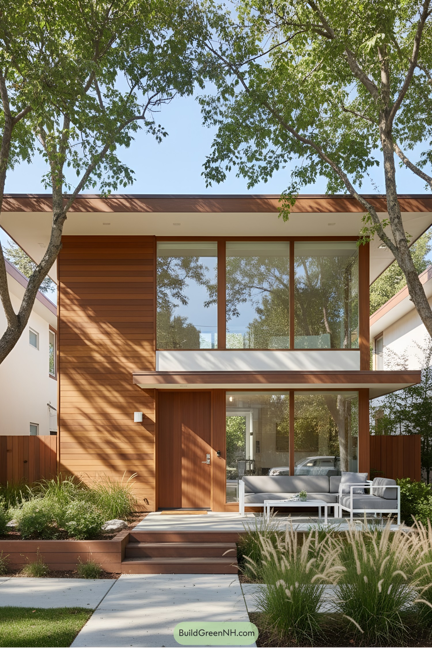 Mid-century modern townhouse with glass facade and wooden accents