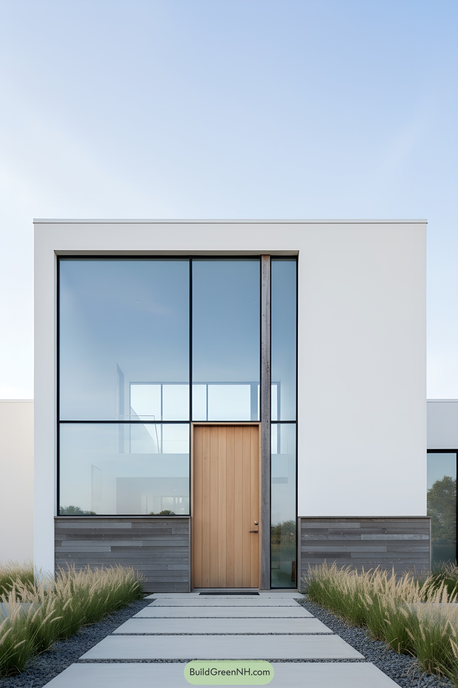 Front elevation of a modern house with large windows and a wooden door