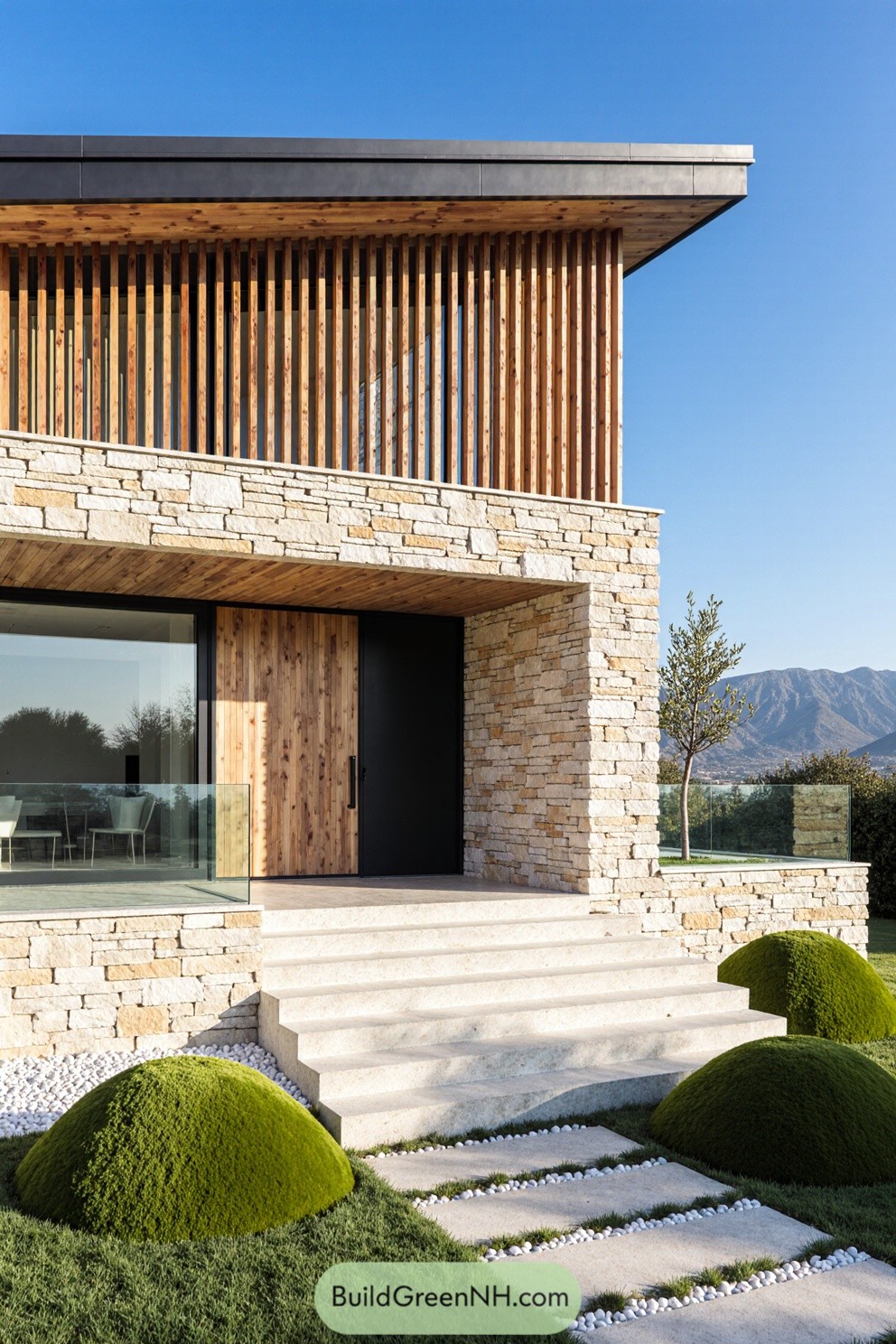 Modern house with timber slats and stone exterior