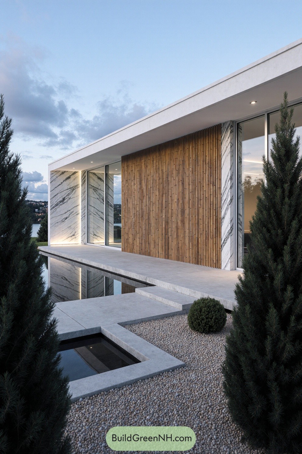 Modern home with timber slat cladding and stone accents