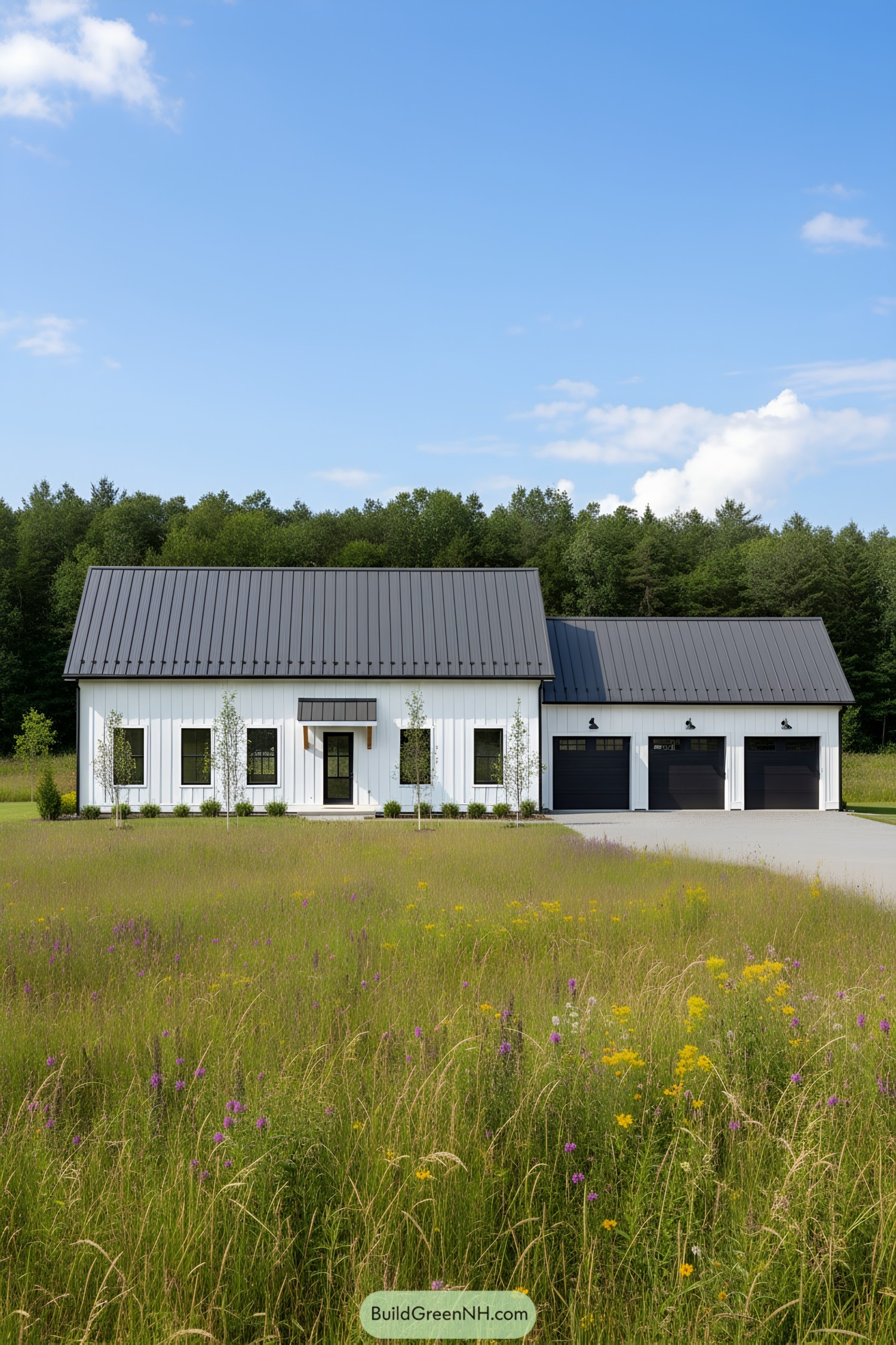 Barn house with a metal roof and large windows
