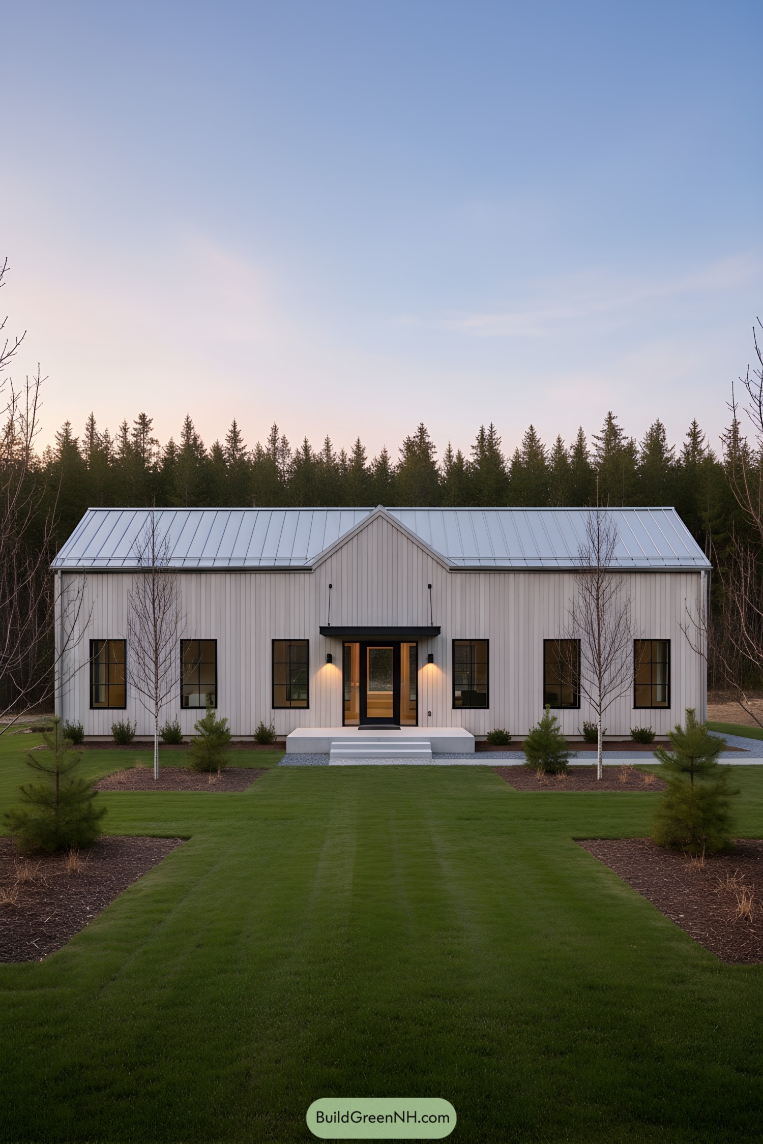 White modern barn house with minimalist design, surrounded by trees