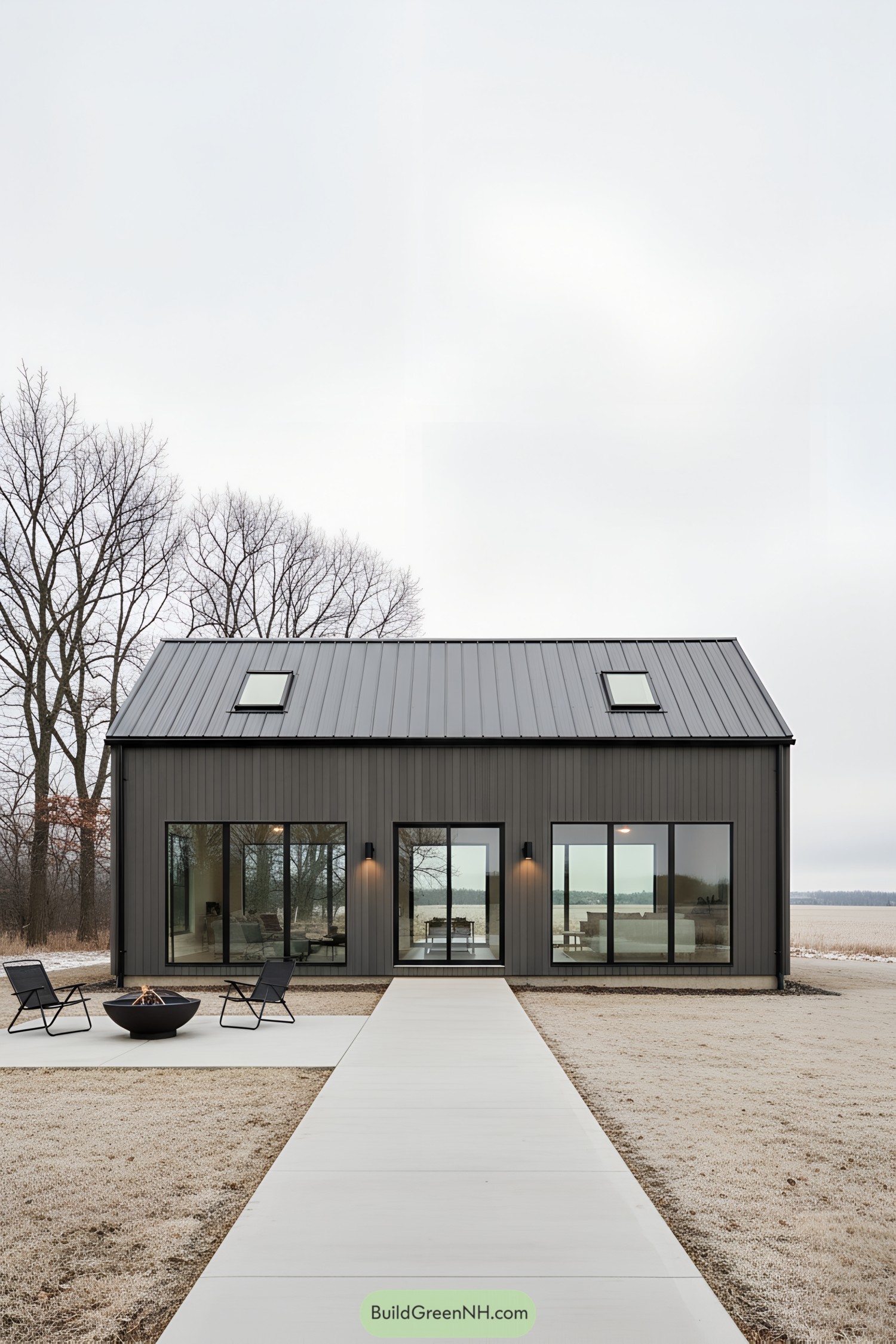 Modern barn house with sleek black exterior and large windows