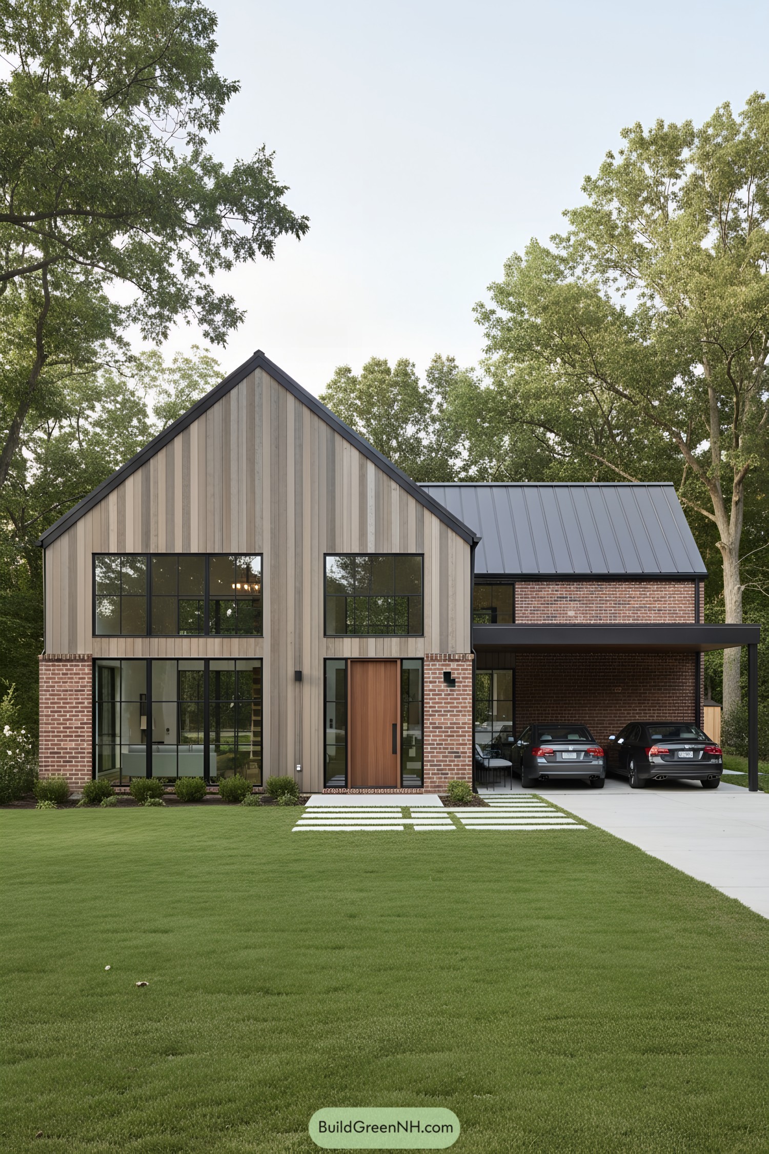 Modern barn house surrounded by greenery