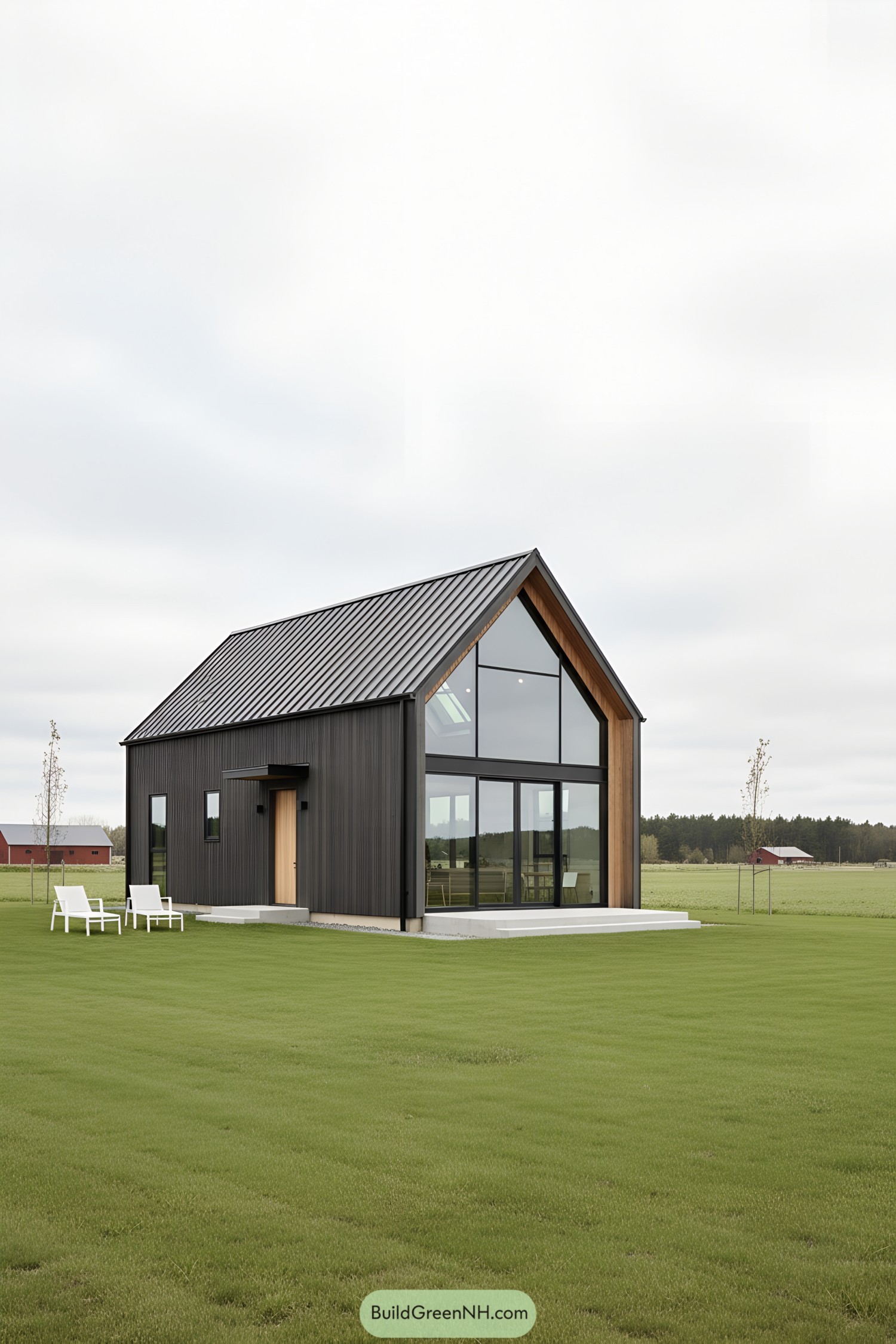 Modern barn house with expansive glass facade on a grassy landscape