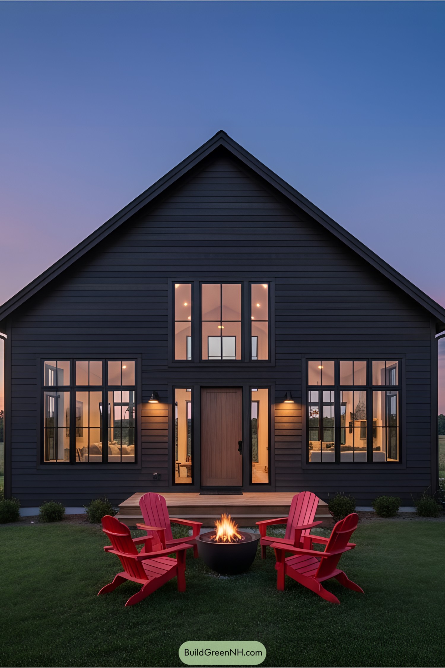 Modern barn house with fire pit and chairs