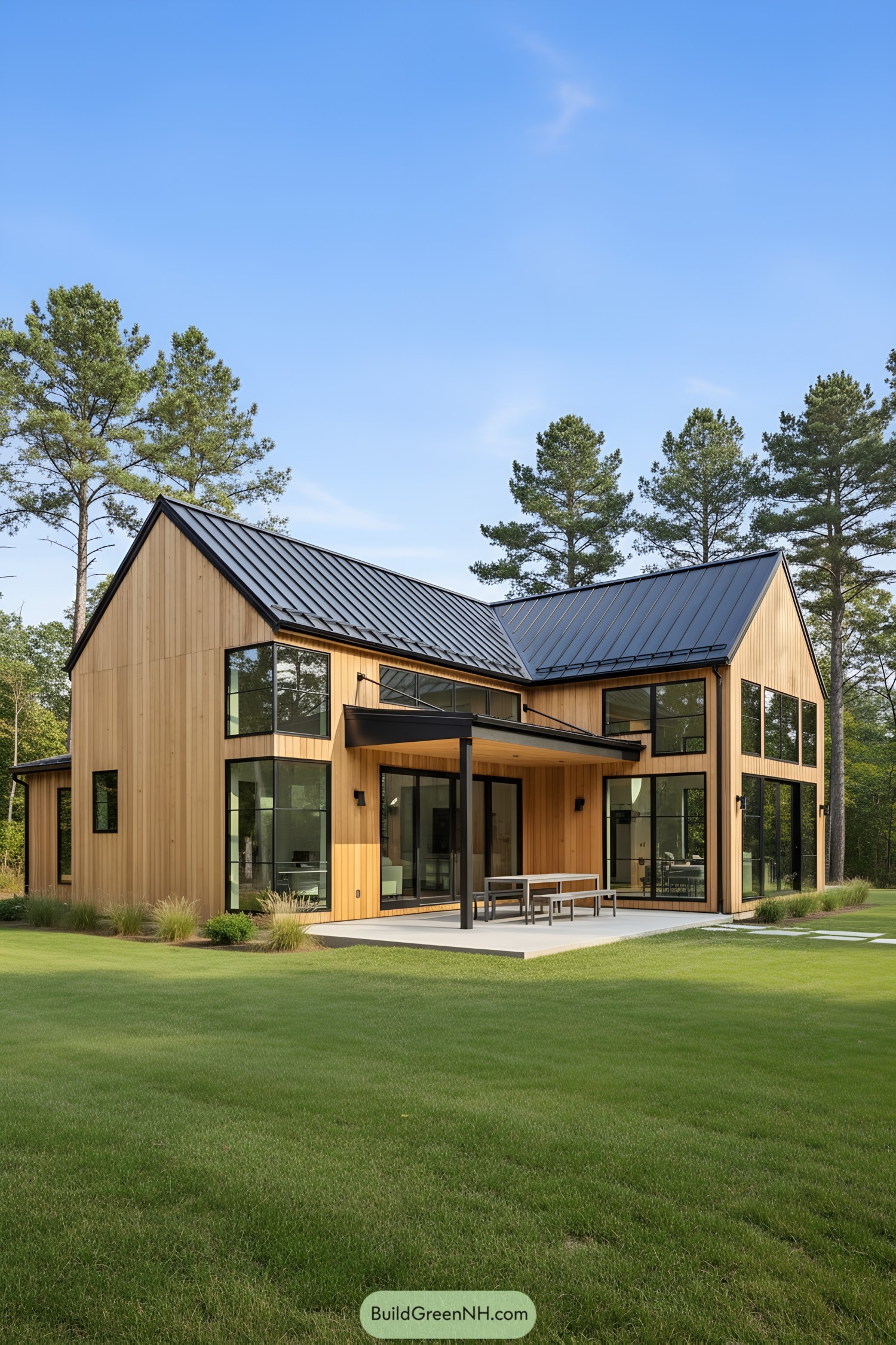 Modern barn house with large windows and wooden exterior