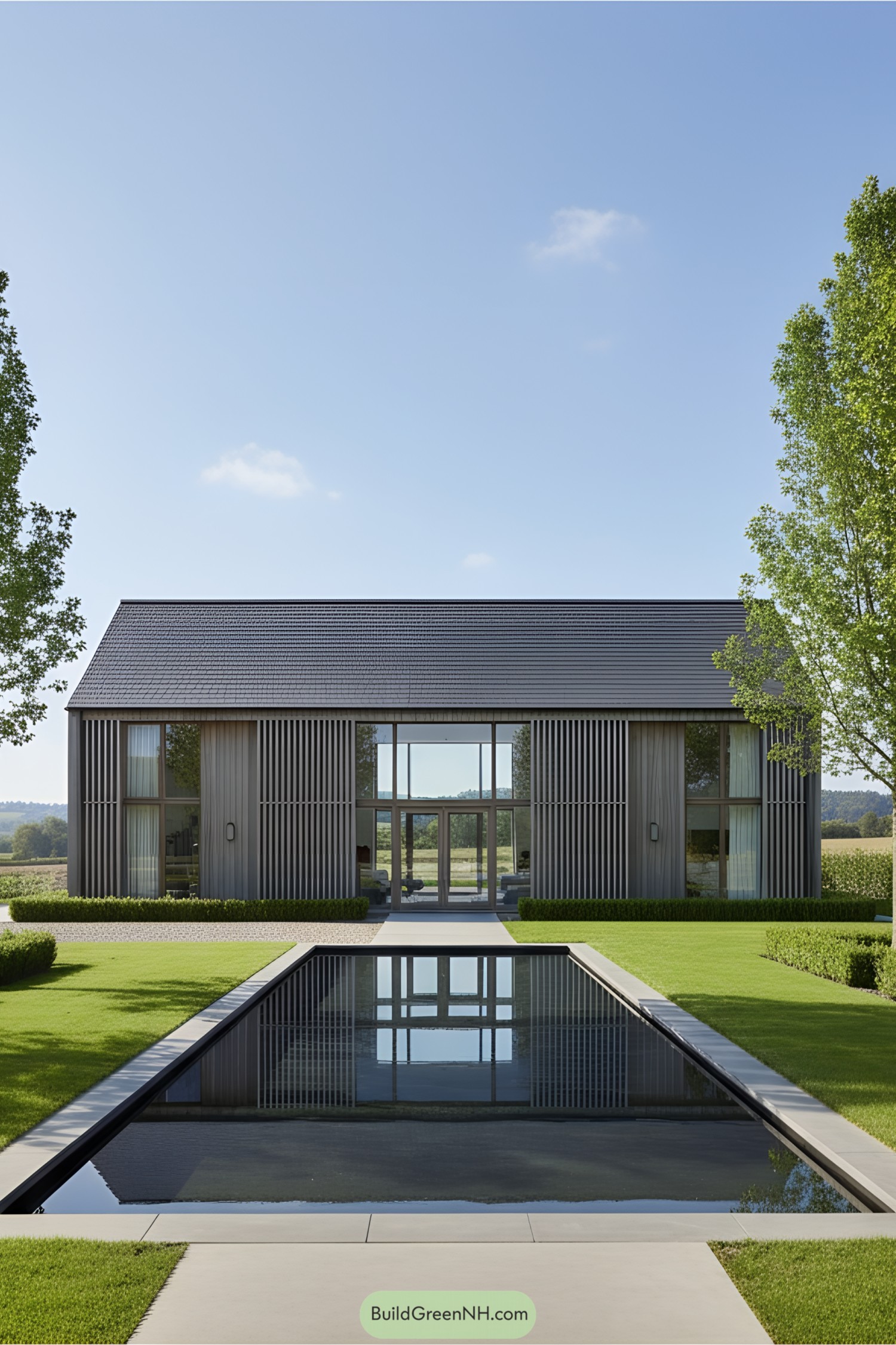 Modern barn house with sleek pool and glass facade