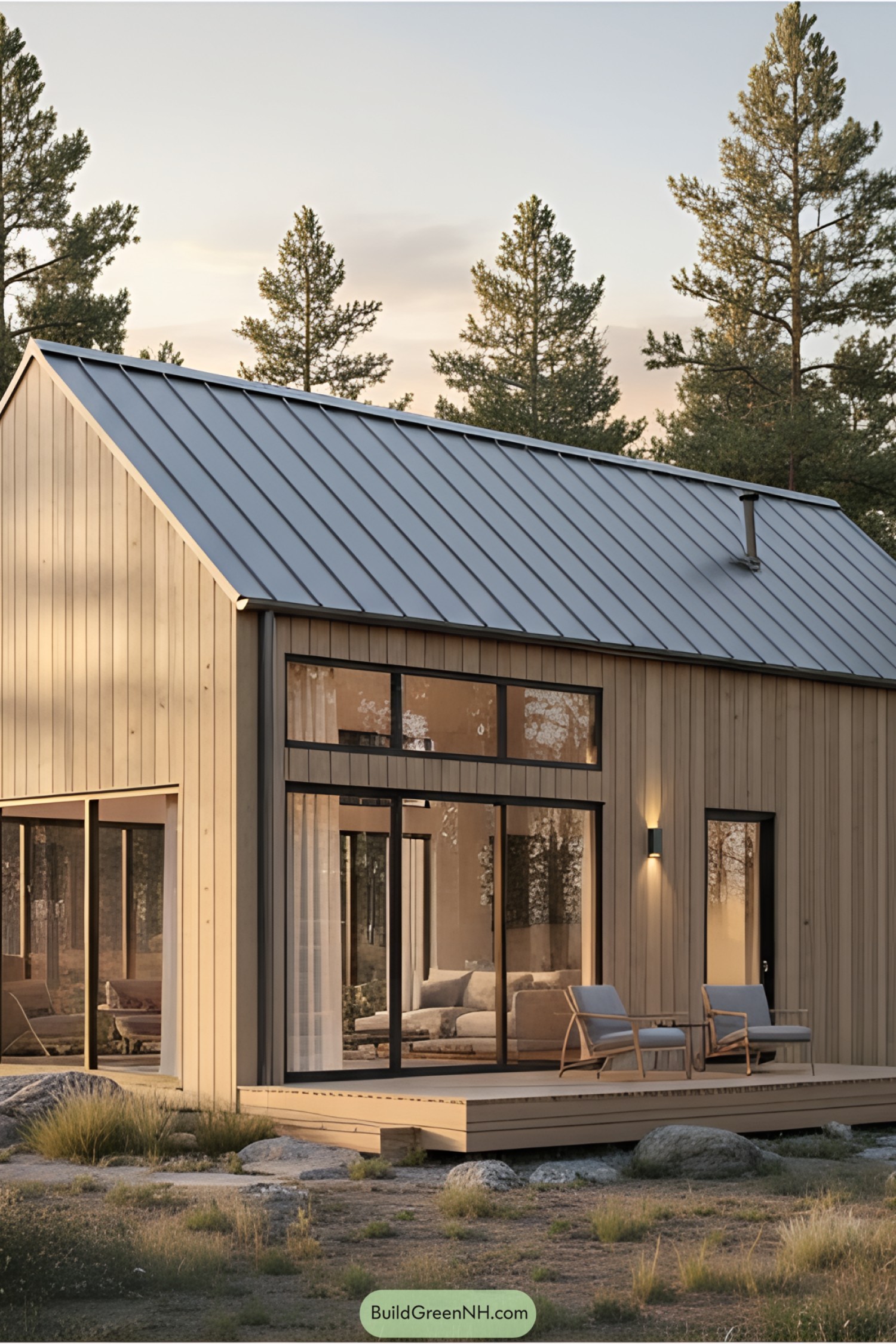 Contemporary barn-style house with large windows and wooden decking