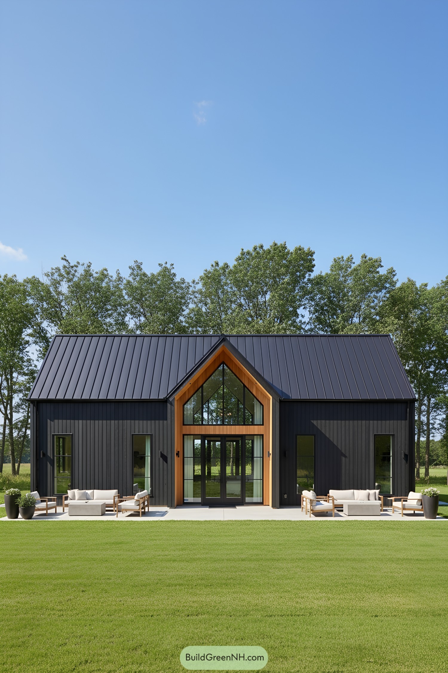 Modern barn house with a dark exterior and large windows