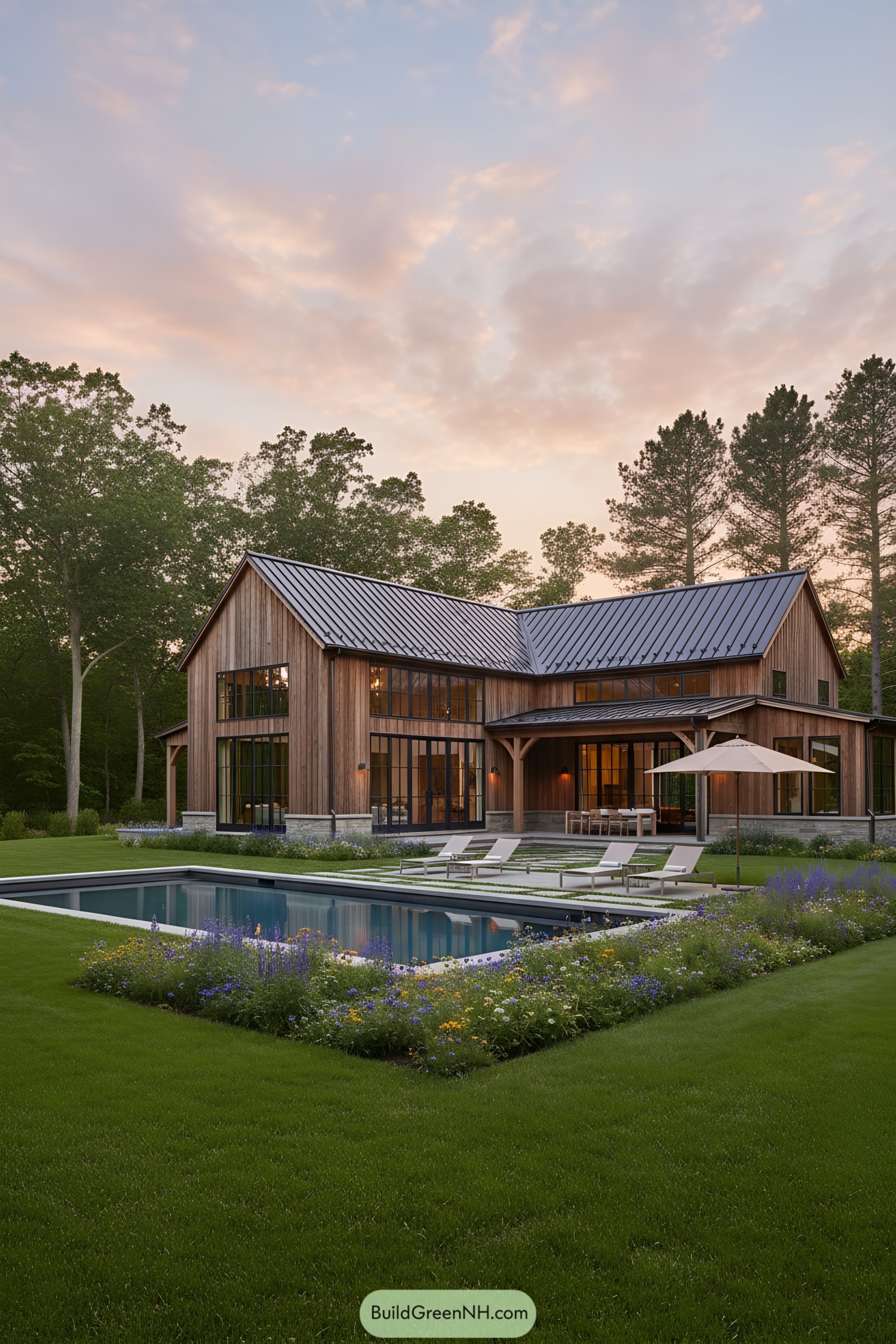 Contemporary barn-style home with a pool