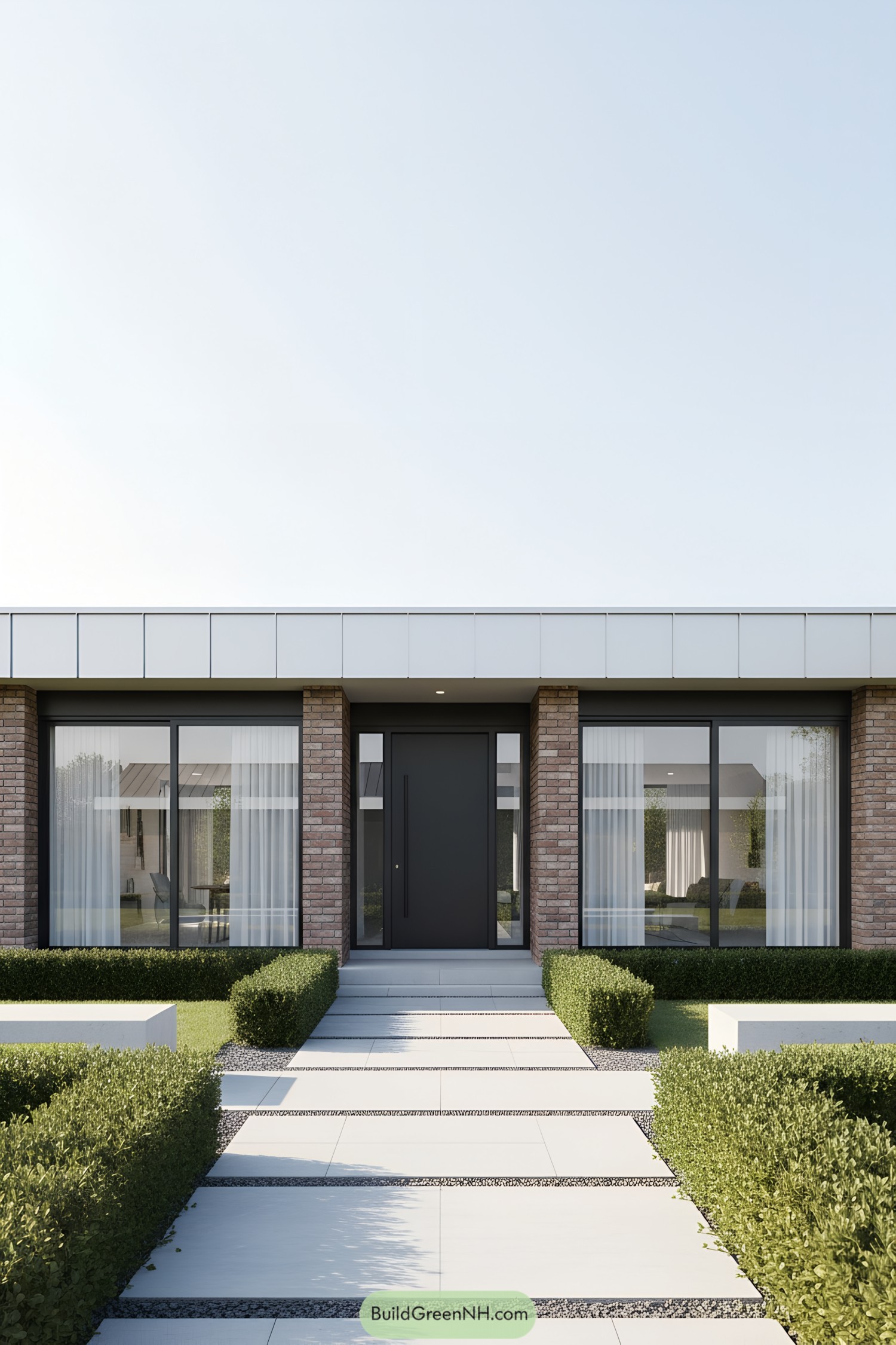 Single-story modern house with a brick facade and manicured garden