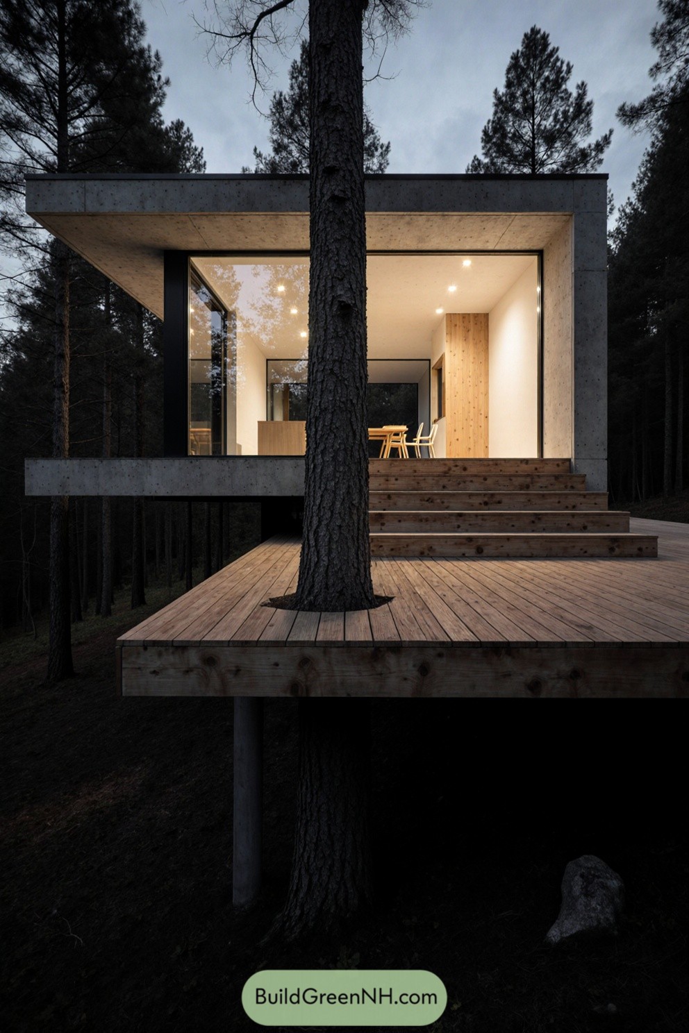 Modern concrete villa surrounded by pine trees