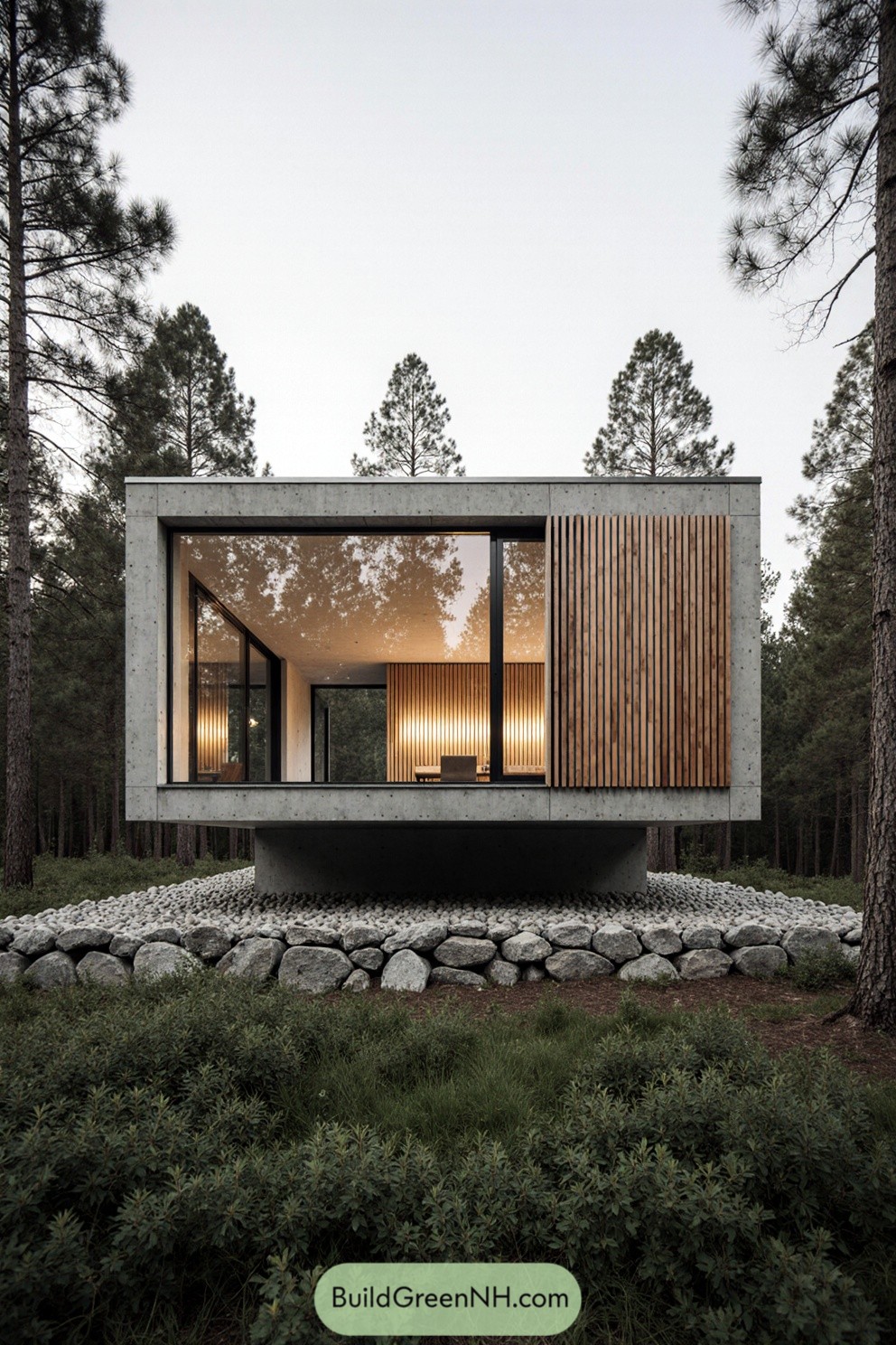 Modern concrete villa with large windows surrounded by trees