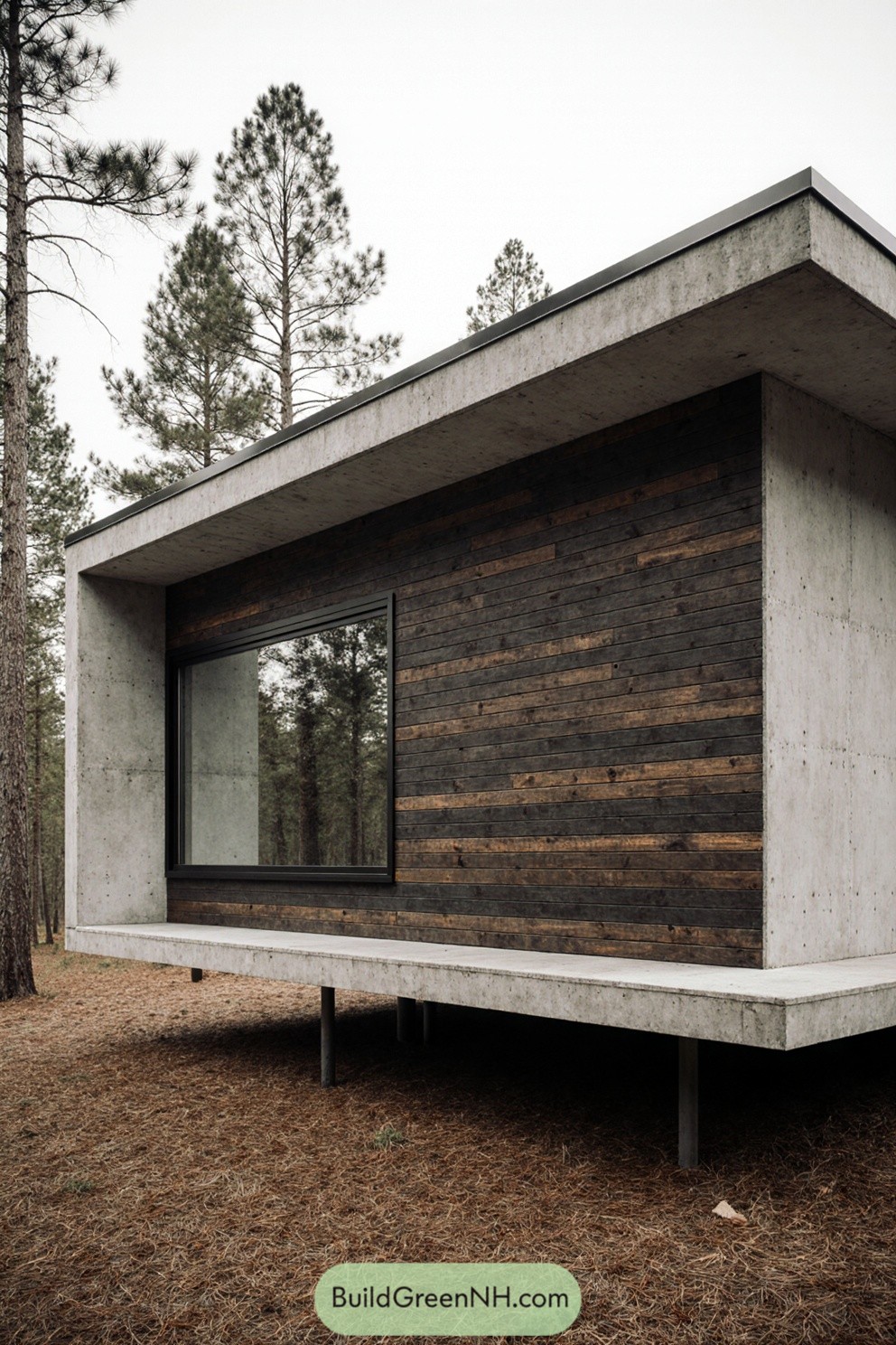 Contemporary concrete structure with wooden accents in a forest setting