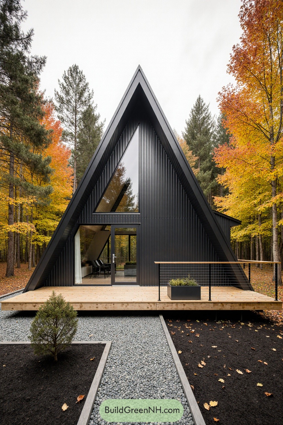 A modern black A-frame cabin surrounded by vibrant autumn leaves