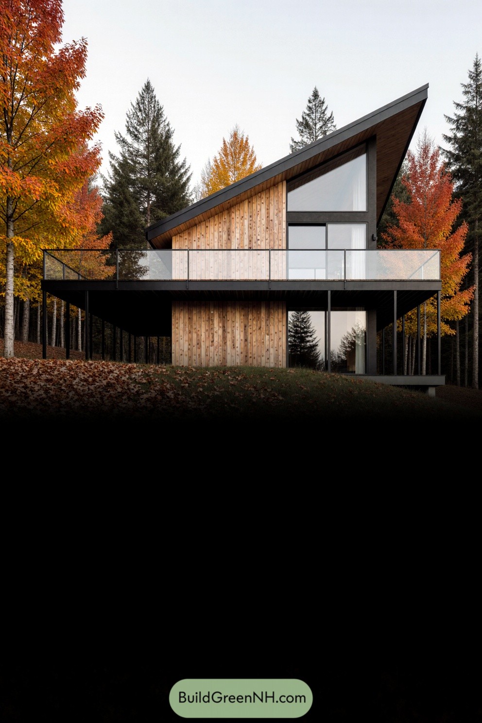 Modern cabin with large windows amidst autumn trees
