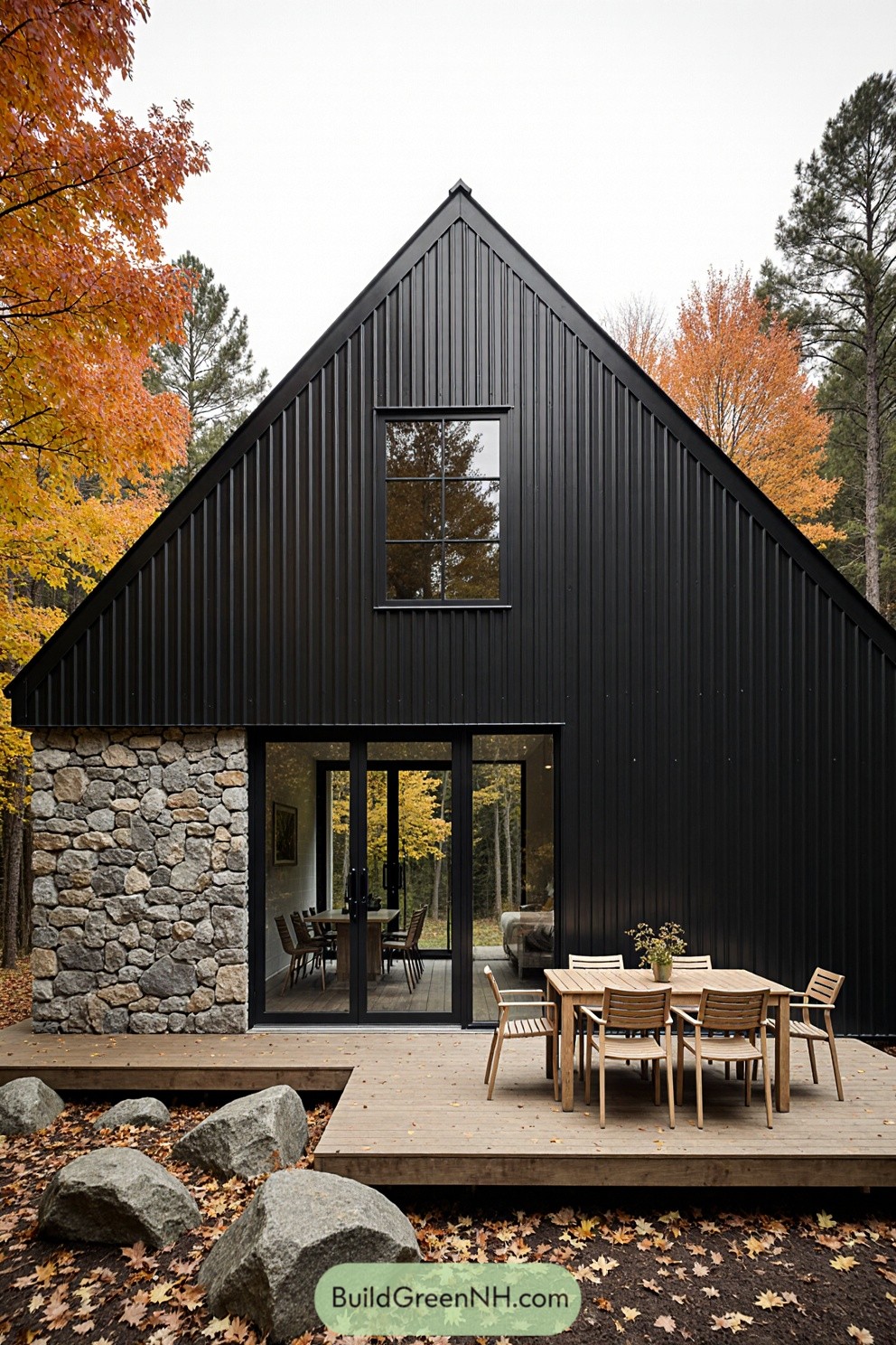 Modern cabin with black facade and autumn trees