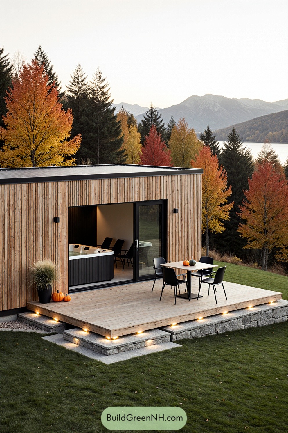 Modern cabin in woods with autumn leaves