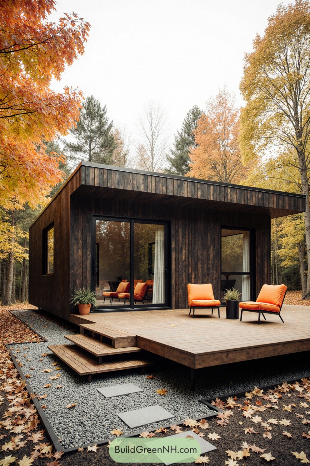 Modern cabin with deck surrounded by autumn leaves