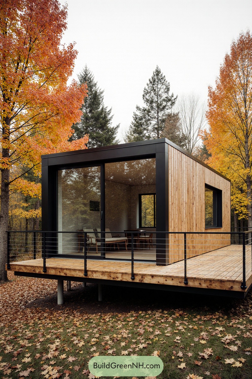 Modern cabin with large glass doors and autumn trees