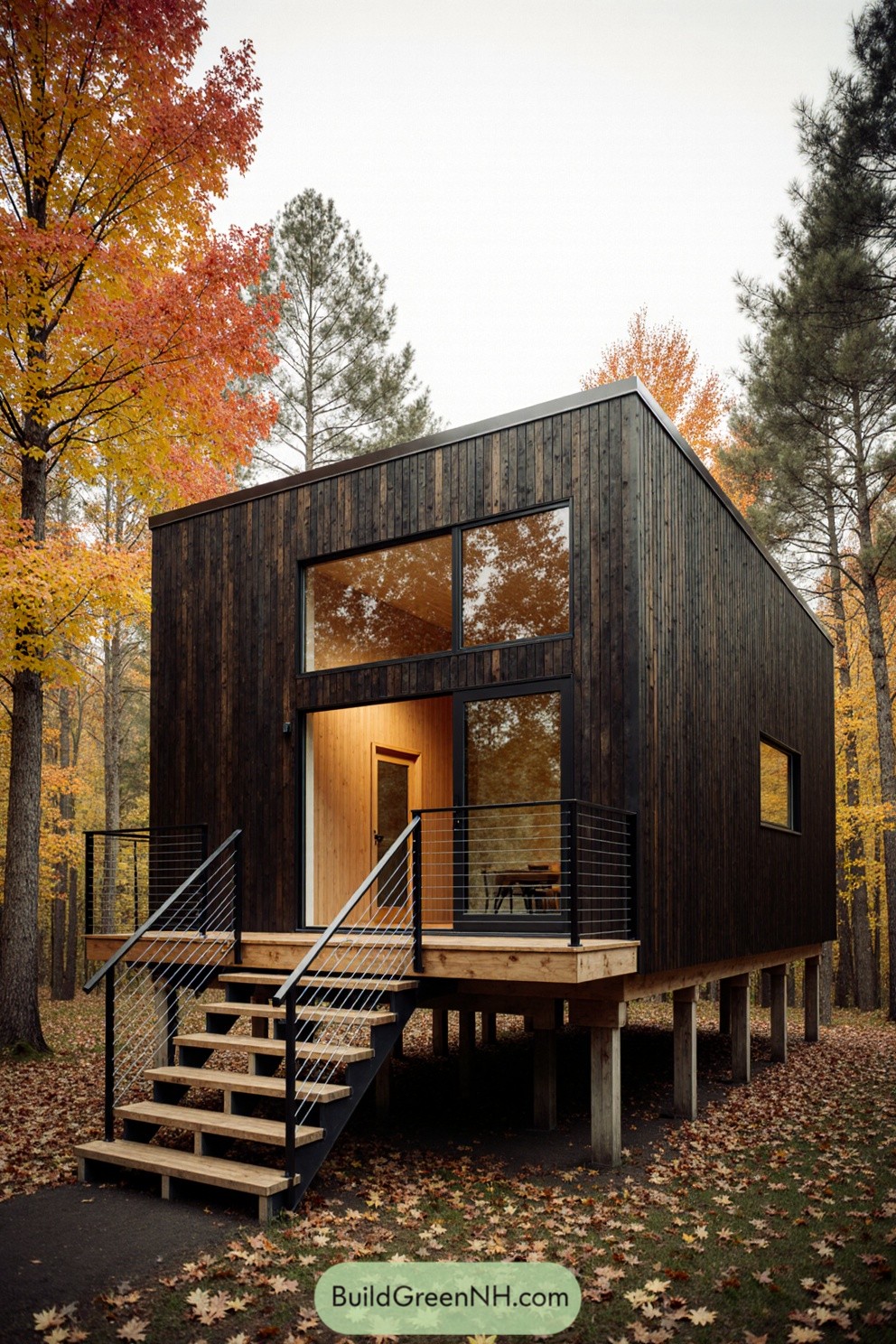Compact modern cabin surrounded by fall foliage