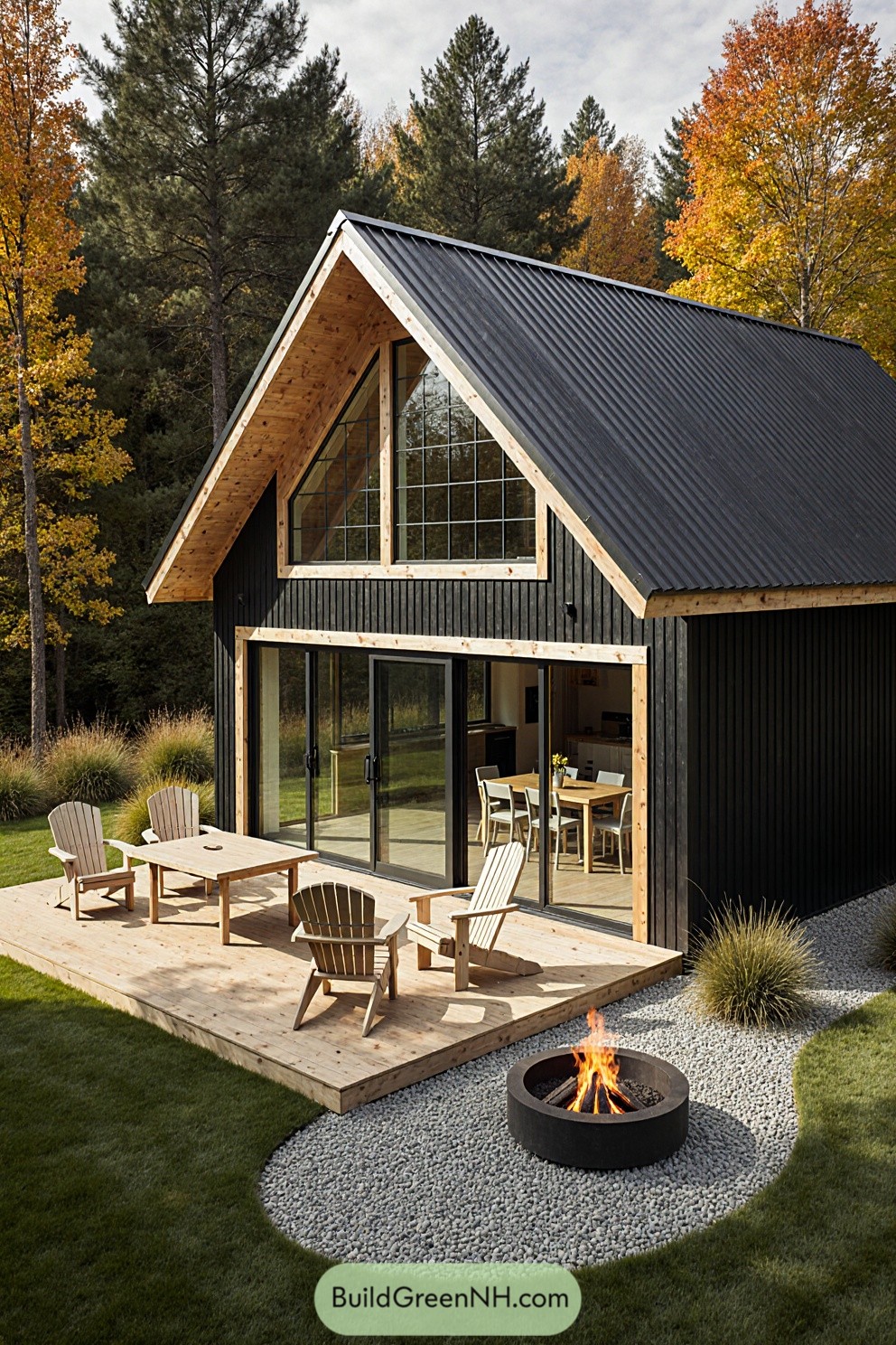 Modern cabin surrounded by autumn trees