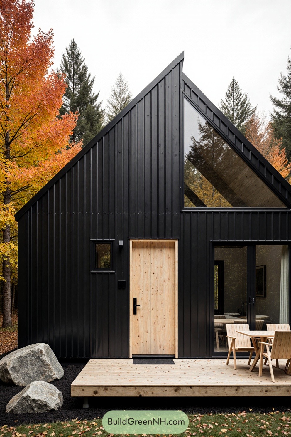 Modern cabin with sleek black siding and a wooden deck surrounded by autumn trees