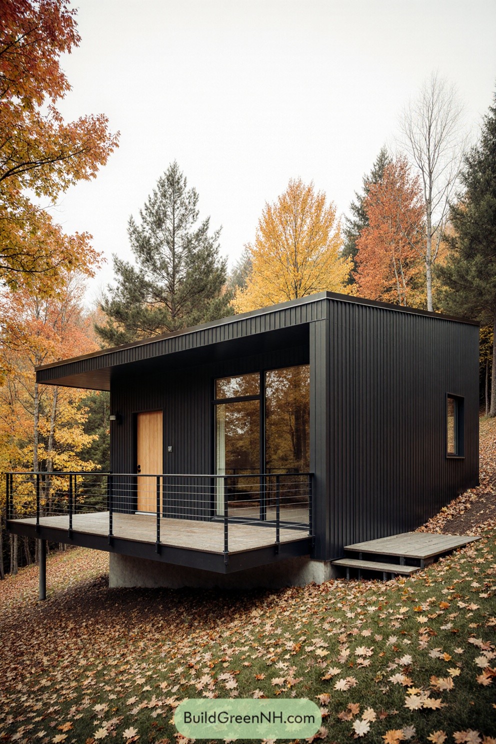 Modern cabin surrounded by autumn foliage