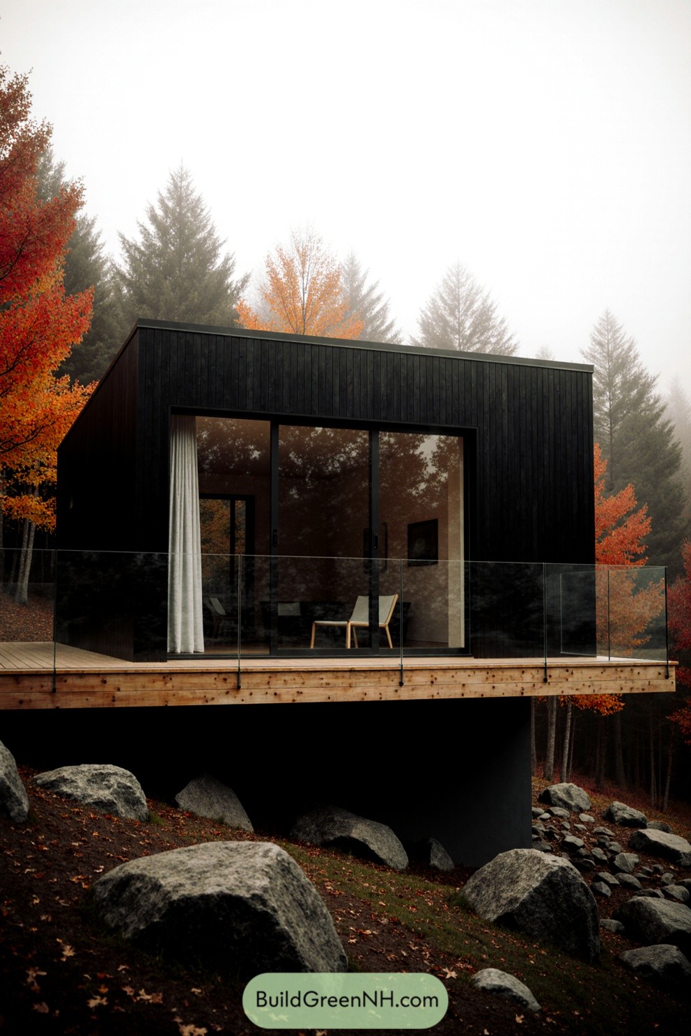 Wooden cabin perched above rocky terrain in autumn