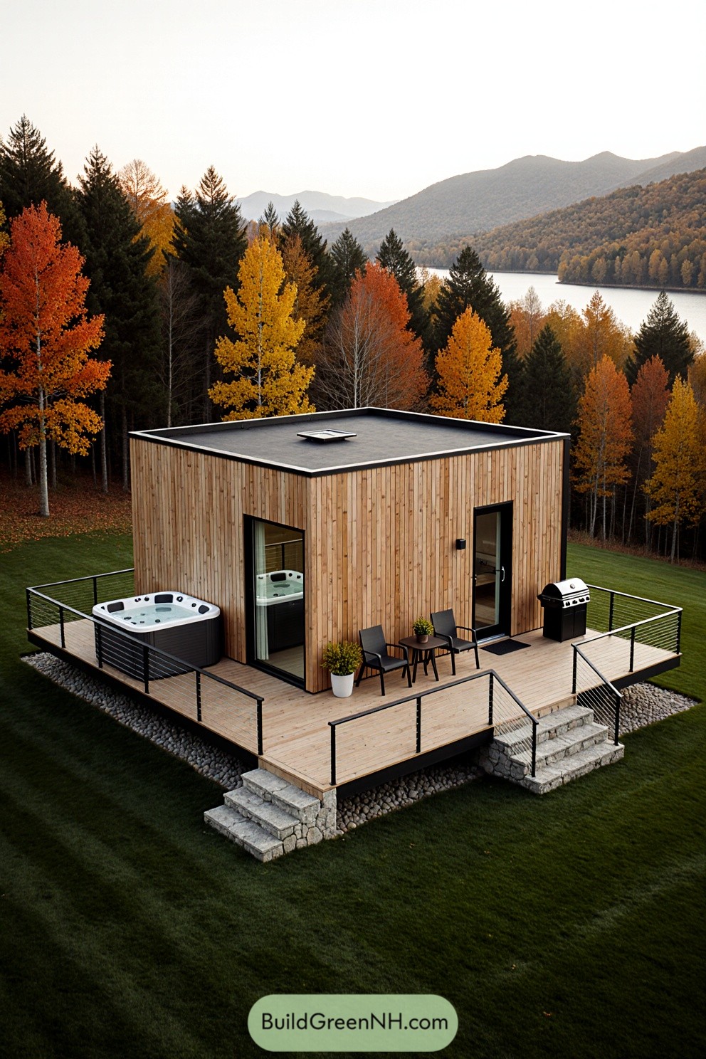 Cozy wooden cabin nestled in vibrant autumn woods