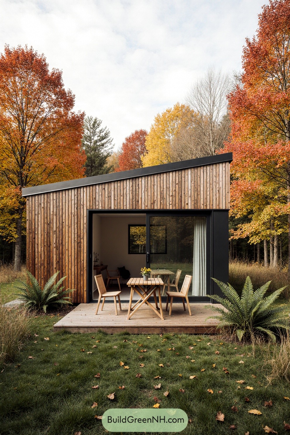 Modern cabin surrounded by fall foliage
