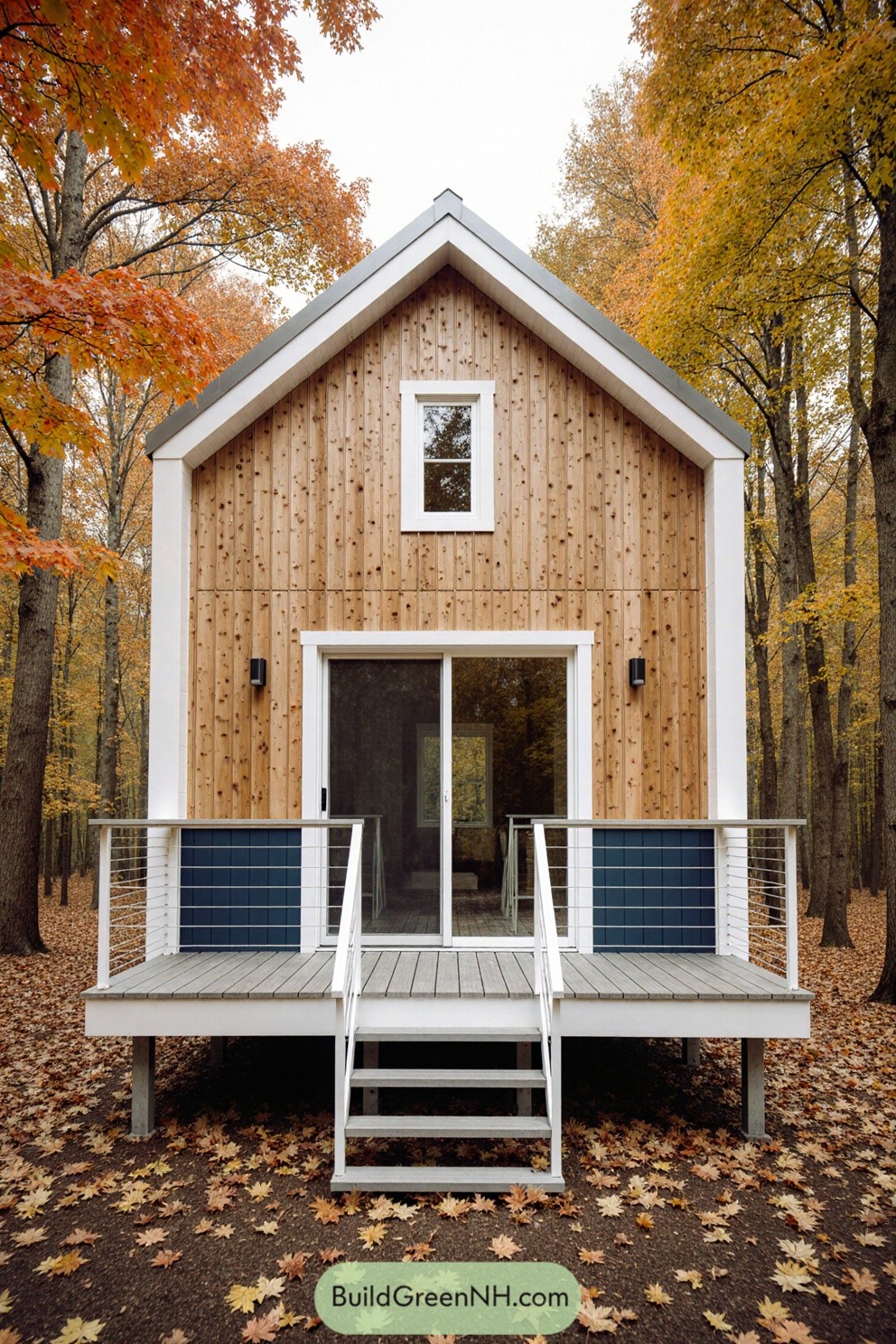 A modern cabin framed by vibrant autumn leaves