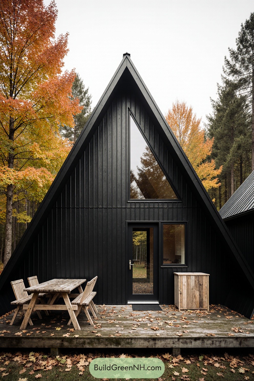 A-frame cabin with autumn backdrop