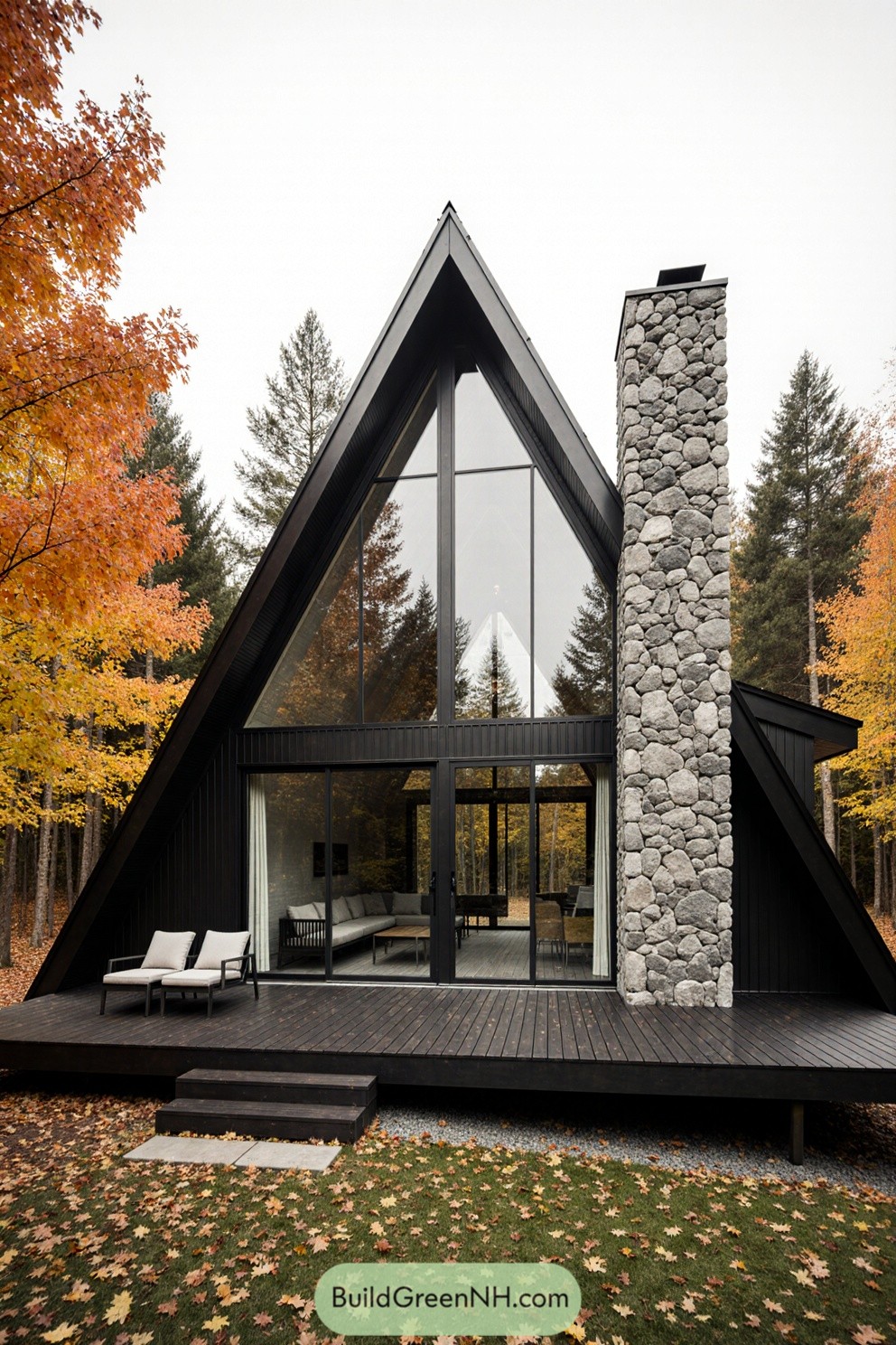 Stylish A-frame cabin surrounded by fall foliage