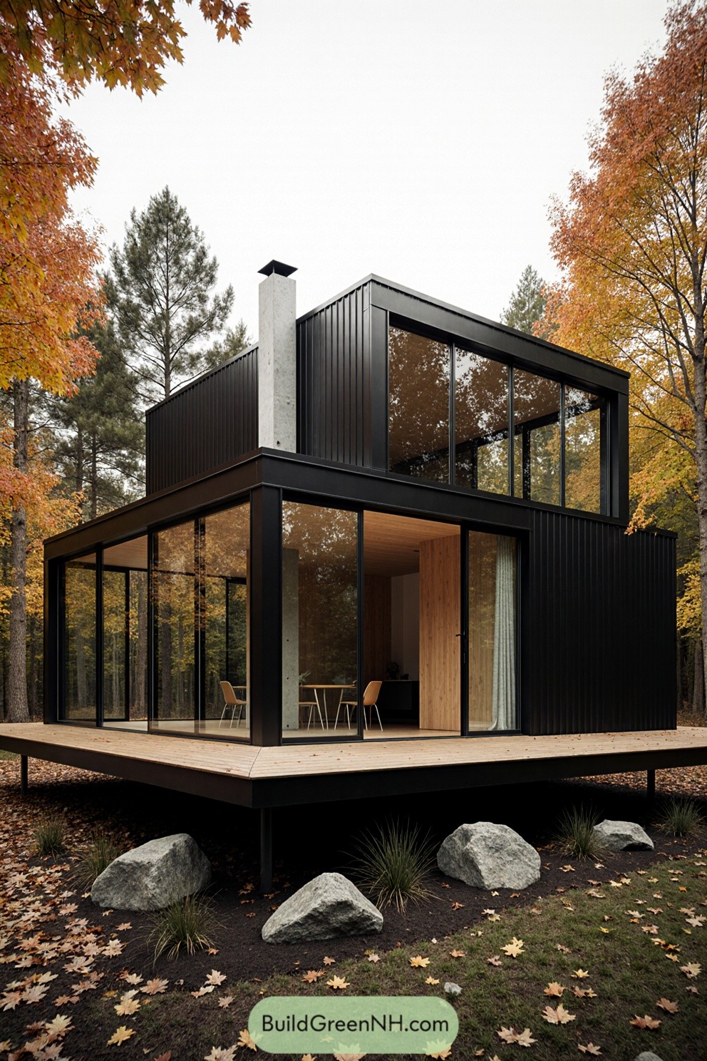 Modern cabin with glass walls surrounded by fall foliage