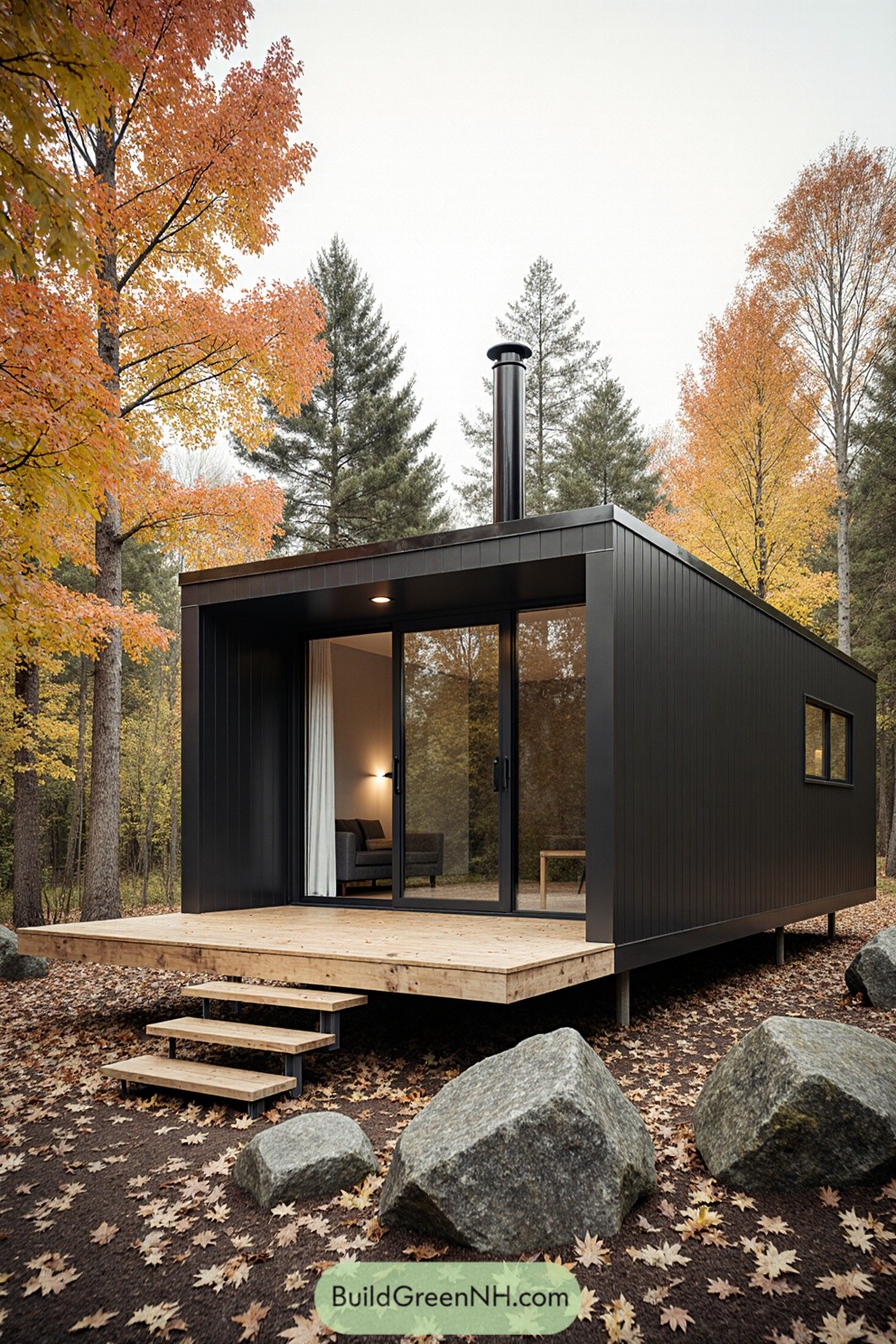 Sleek modern cabin with large windows in autumn woods