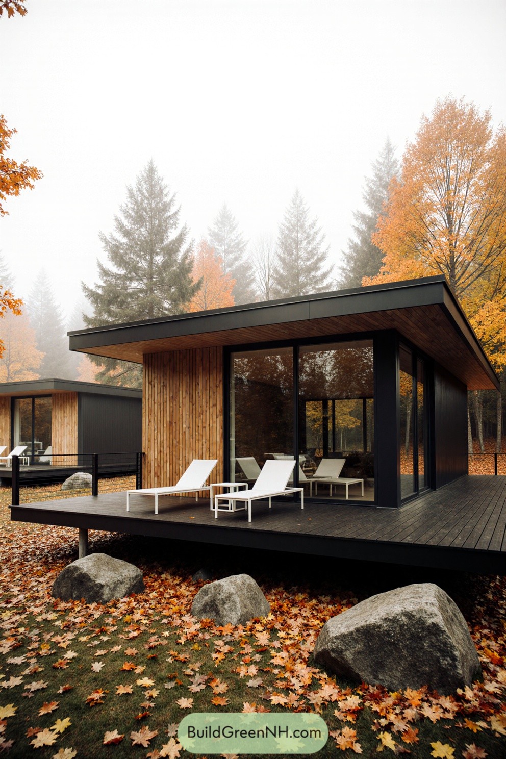 Modern cabin with glass walls in autumn setting