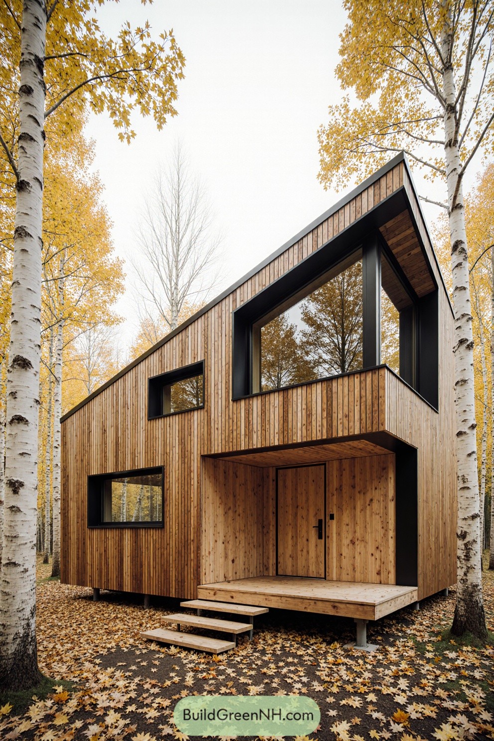 Modern wooden cabin surrounded by vibrant autumn foliage