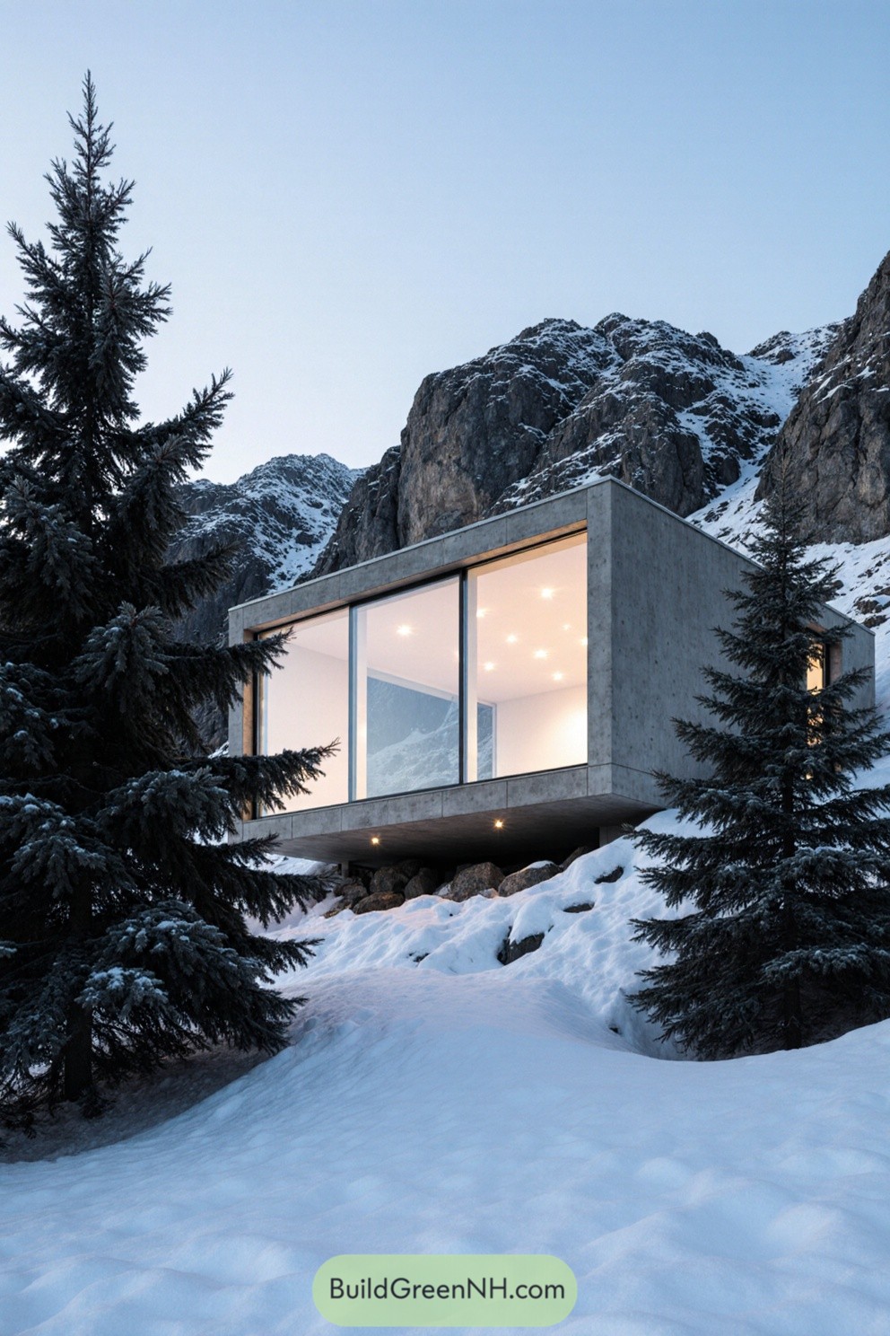 Concrete villa amidst snowy mountains and trees