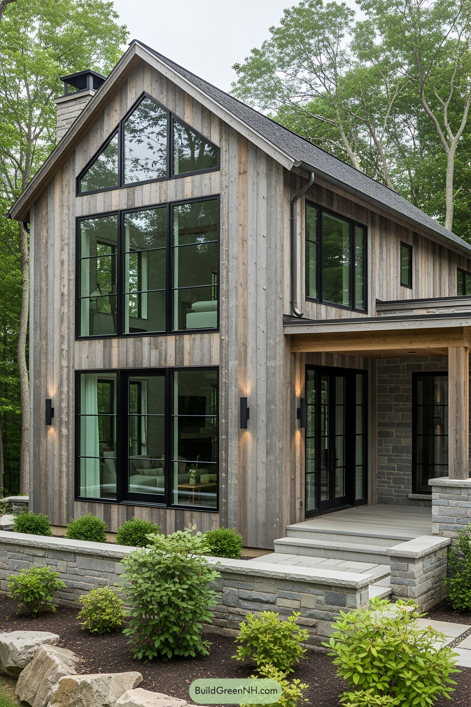 Modern cottage with large windows and wooden facade