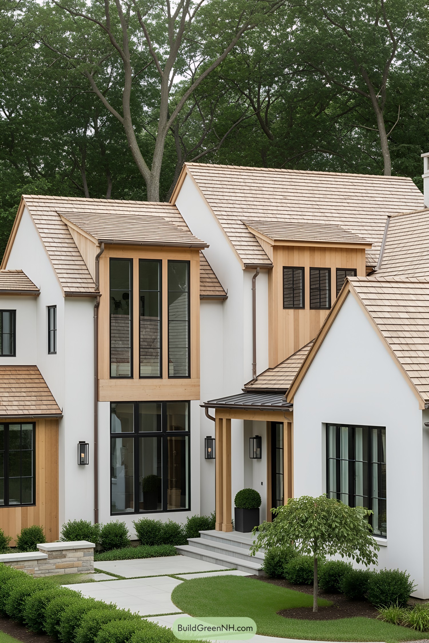 Contemporary cottage with wooden accents and large windows