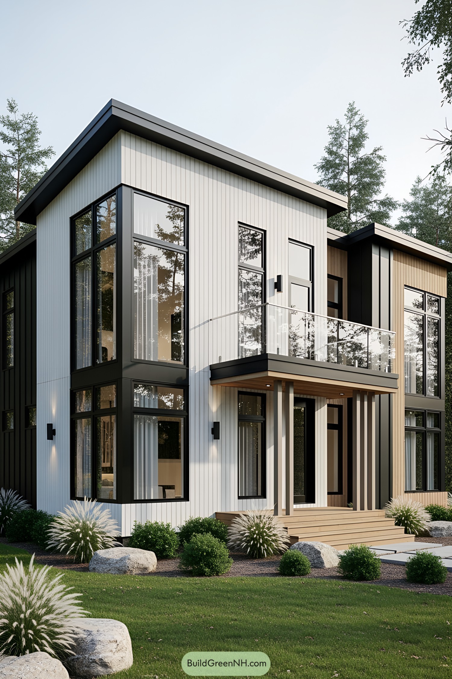 Modern cottage with large windows and lush surroundings